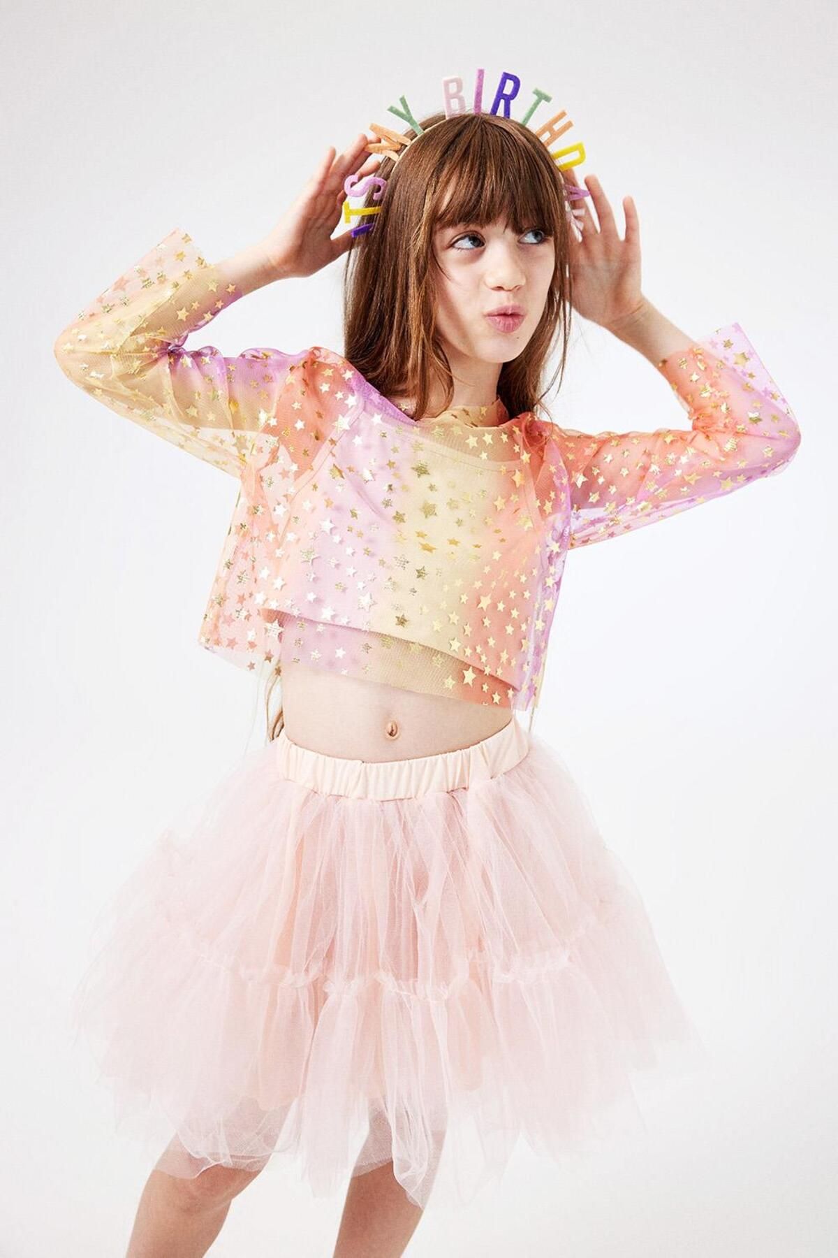 Le Mabelle-Crop Top galben cu mânecă lungă din tul înstelat pentru fete 3
