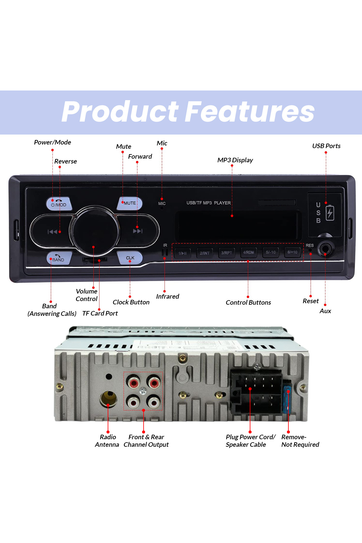 Generic-مشغل MP3 للسيارة 100Miles مزود بمنفذ USB/SD/MMC وموالف FM وبلوتوث وAUX وساعة رقمية 5