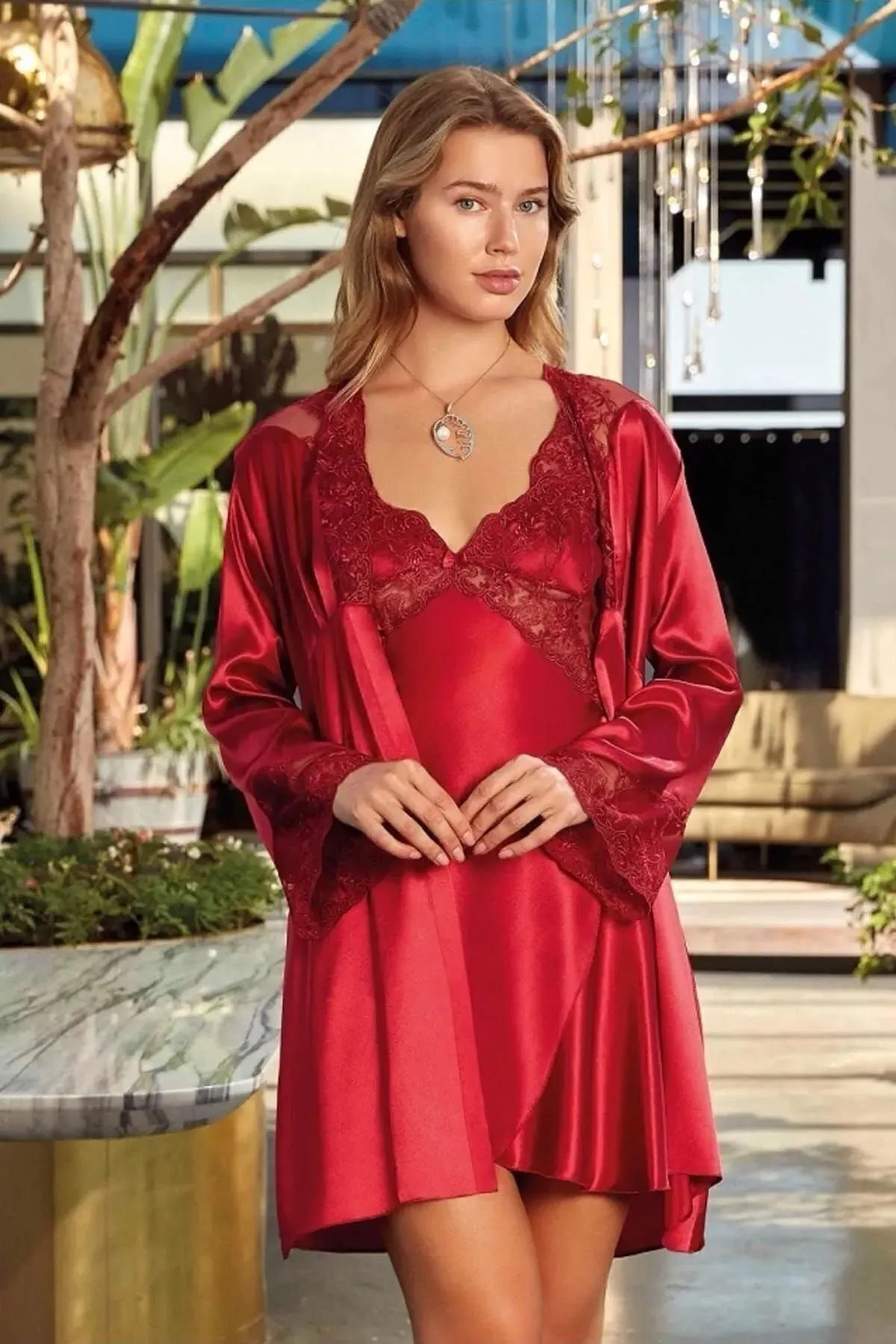 CSN CASANO Kadın Saten Dantel Detaylı Kimono Takım