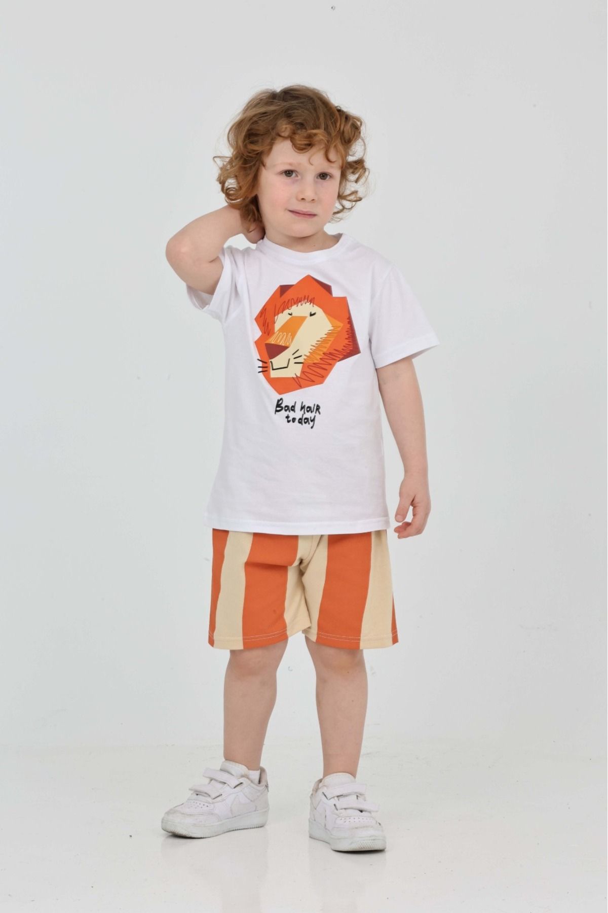 yns coolstar-Unisex Model Lion Patterned Orange Striped Summer Top and Bottom Set 4