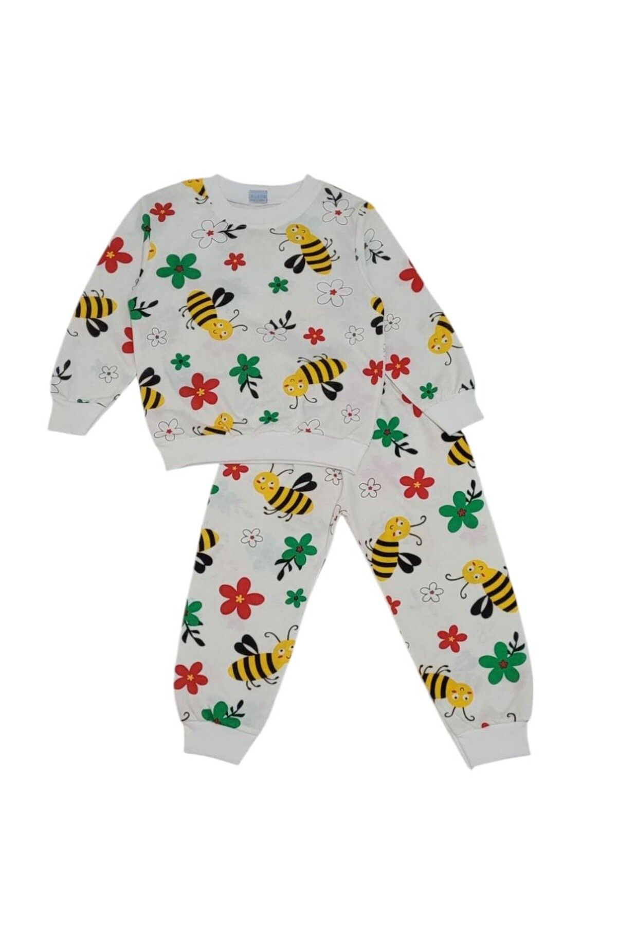 demir kids-Girl's Bee and Flower Printed Seasonal Cotton Ecru Pajama Set 1