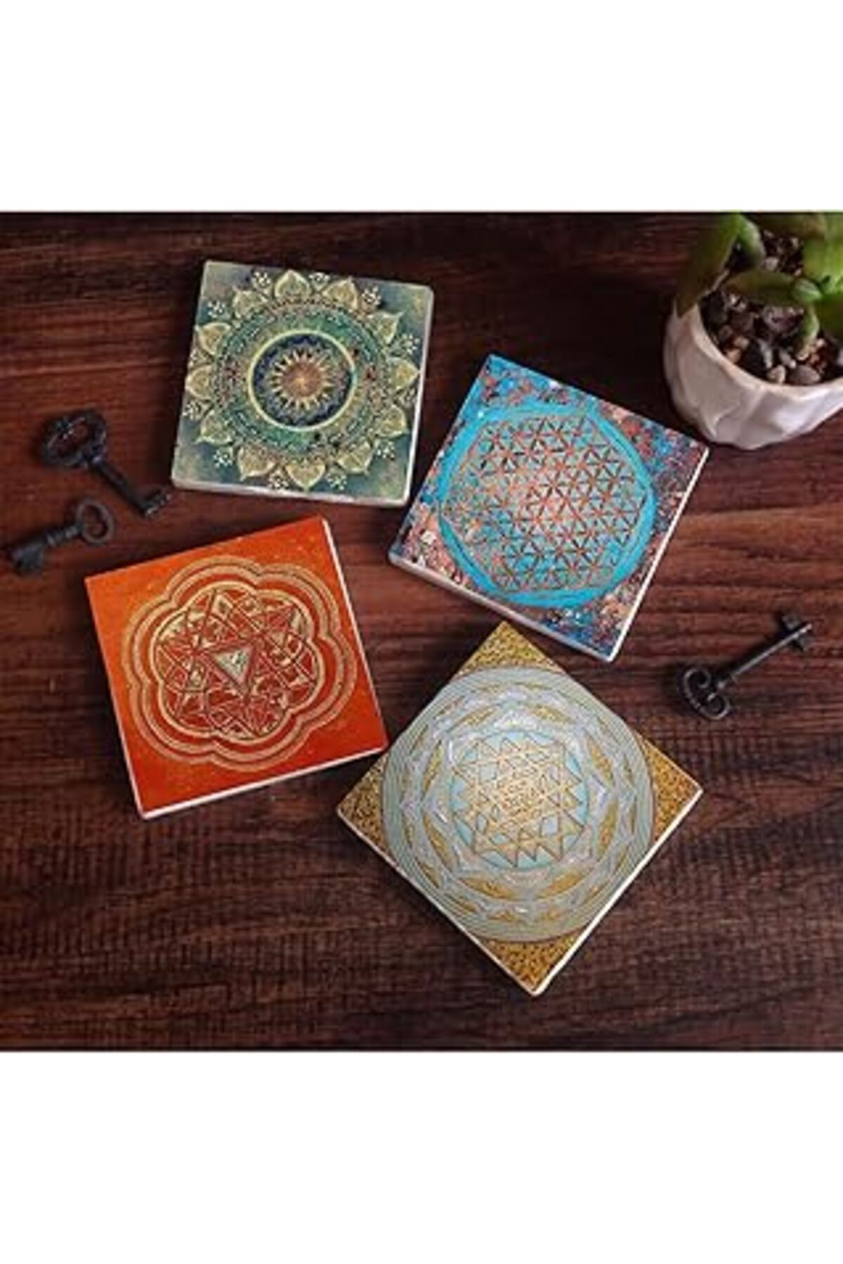 Pazarcan Pinecone Mandala, Yaşam Çiçeği, Sri Yantra Taş Bardak Altlığı Seti - 4 Parça - Dekoratif, Rustik Mu