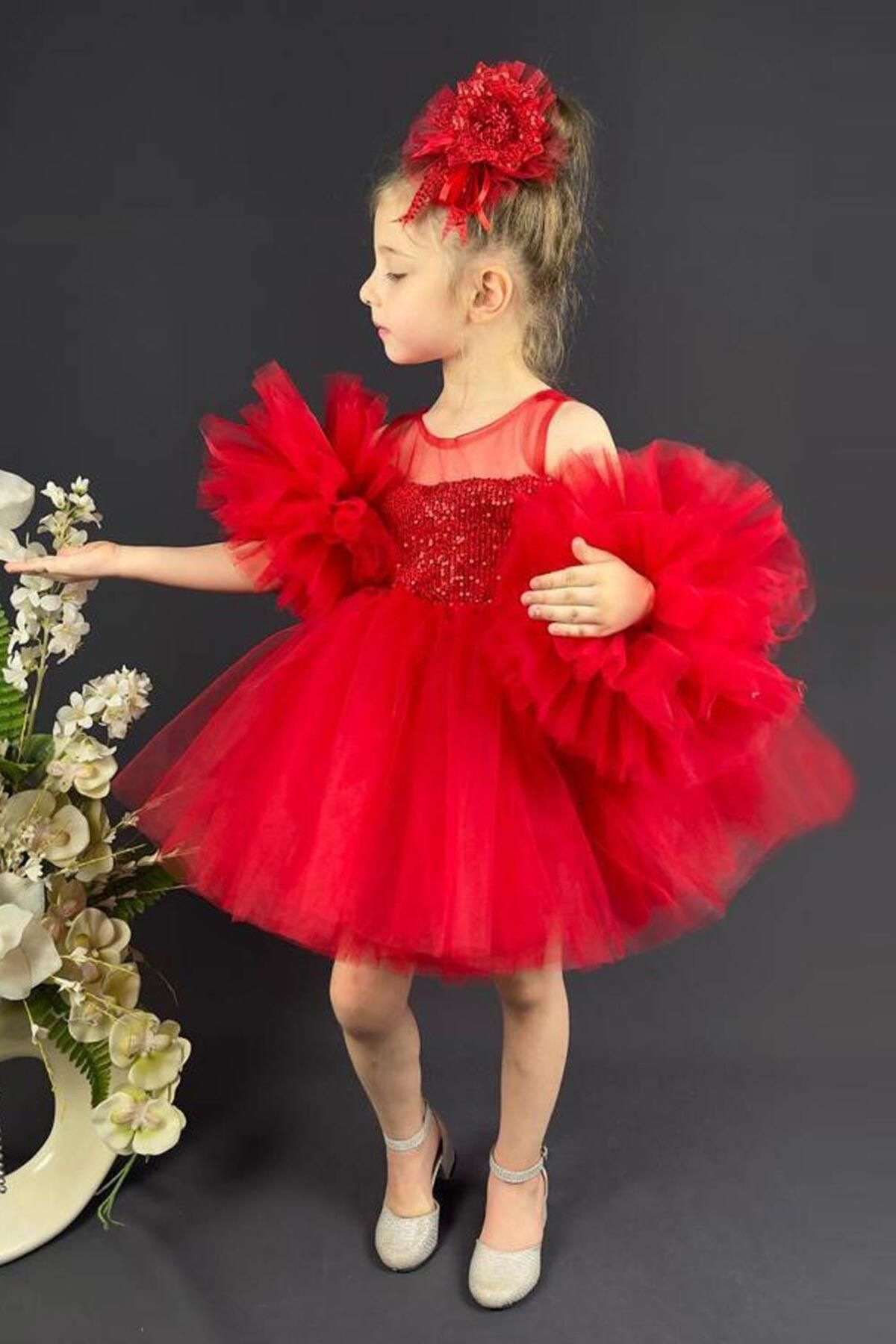 Le Mabelle-Red Sequined Accessory Detailed Girls' Dress - Balenca 2