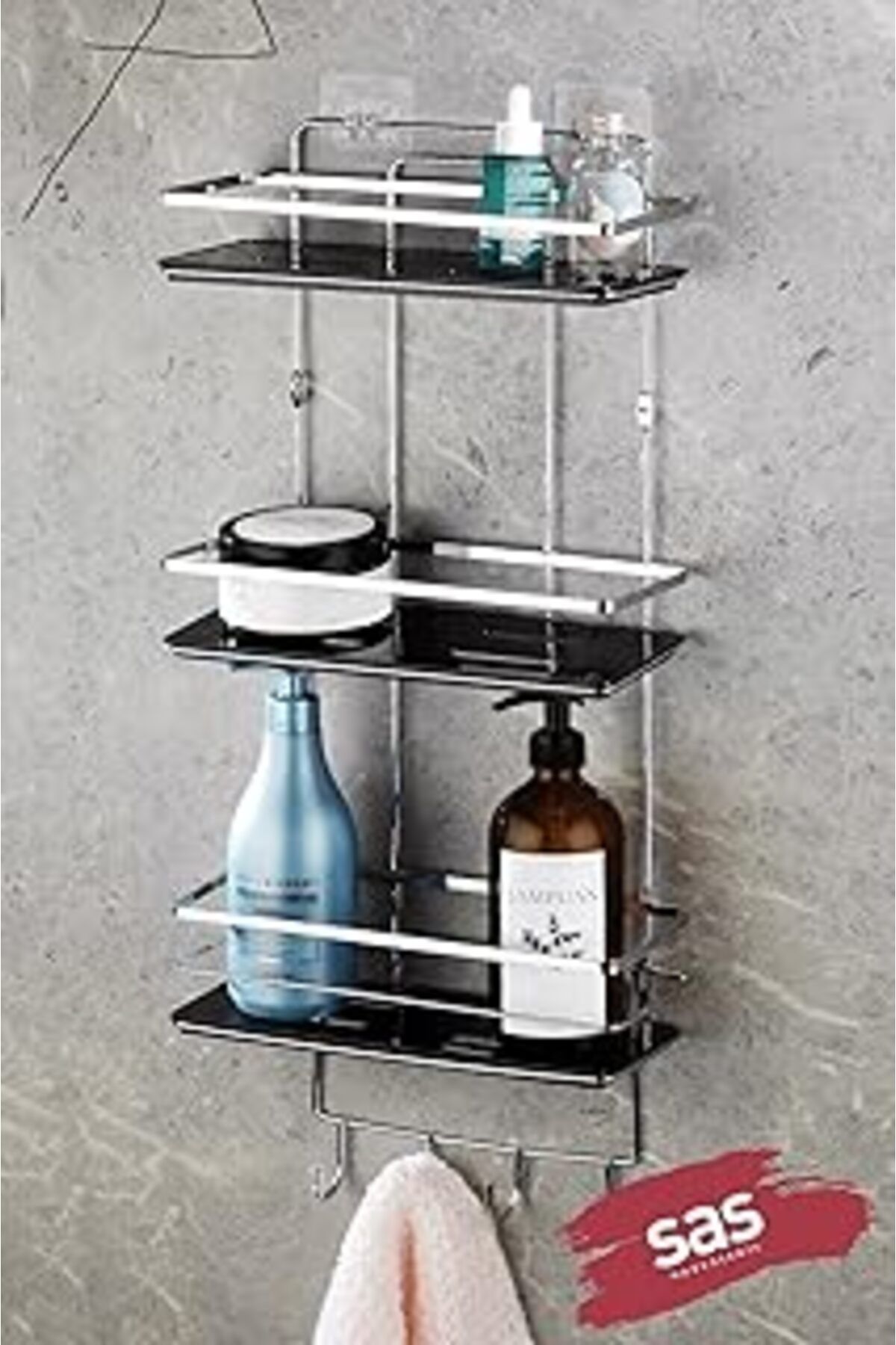 Mu Art Ahşap Sas Haus Yapışkanlı Ömür Boyu Paslanmaz Ayarlanabilir Raf Banyo Düzenleyici Şampuanlık Krom-siyah