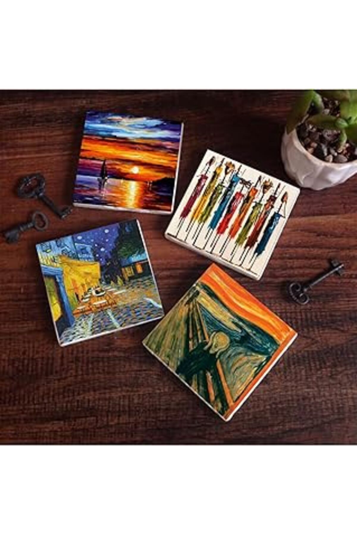 Mu Art Pinecone Van Gogh Kafe Terasta Gece, Çığlık, Yerli Kadınlar, Deniz Manzarası Taş Bardak Altlığı Set