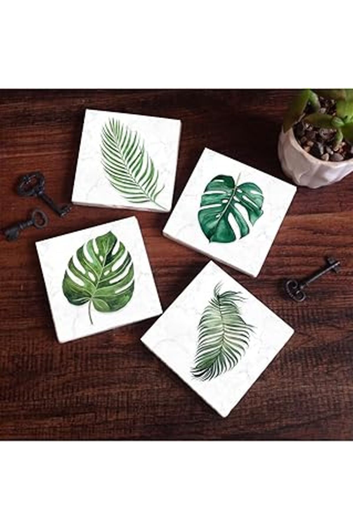 Pazarcan Pinecone Yaprak Taş Bardak Altlığı Seti - 4 Parça - Dekoratif, Rustik Mutfak Aksesuarı, 10X10 Cm, K