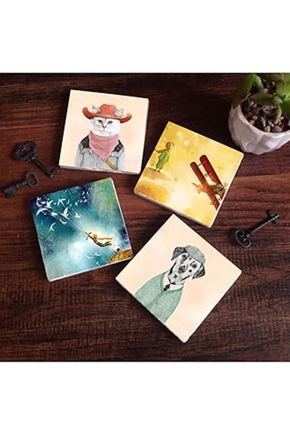 Mu Art Pinecone Küçük Prens, Köpek, Kedi Taş Bardak Altlığı Seti - 4 Parça - Dekoratif, Rustik Mutfak Akse