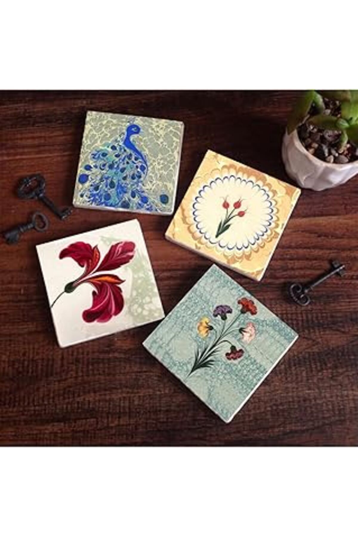 Mu Art Pinecone Ebru Sanatı, Lale, Tavus Kuşu Taş Bardak Altlığı Seti - 4 Parça - Dekoratif, Rustik Mutfak
