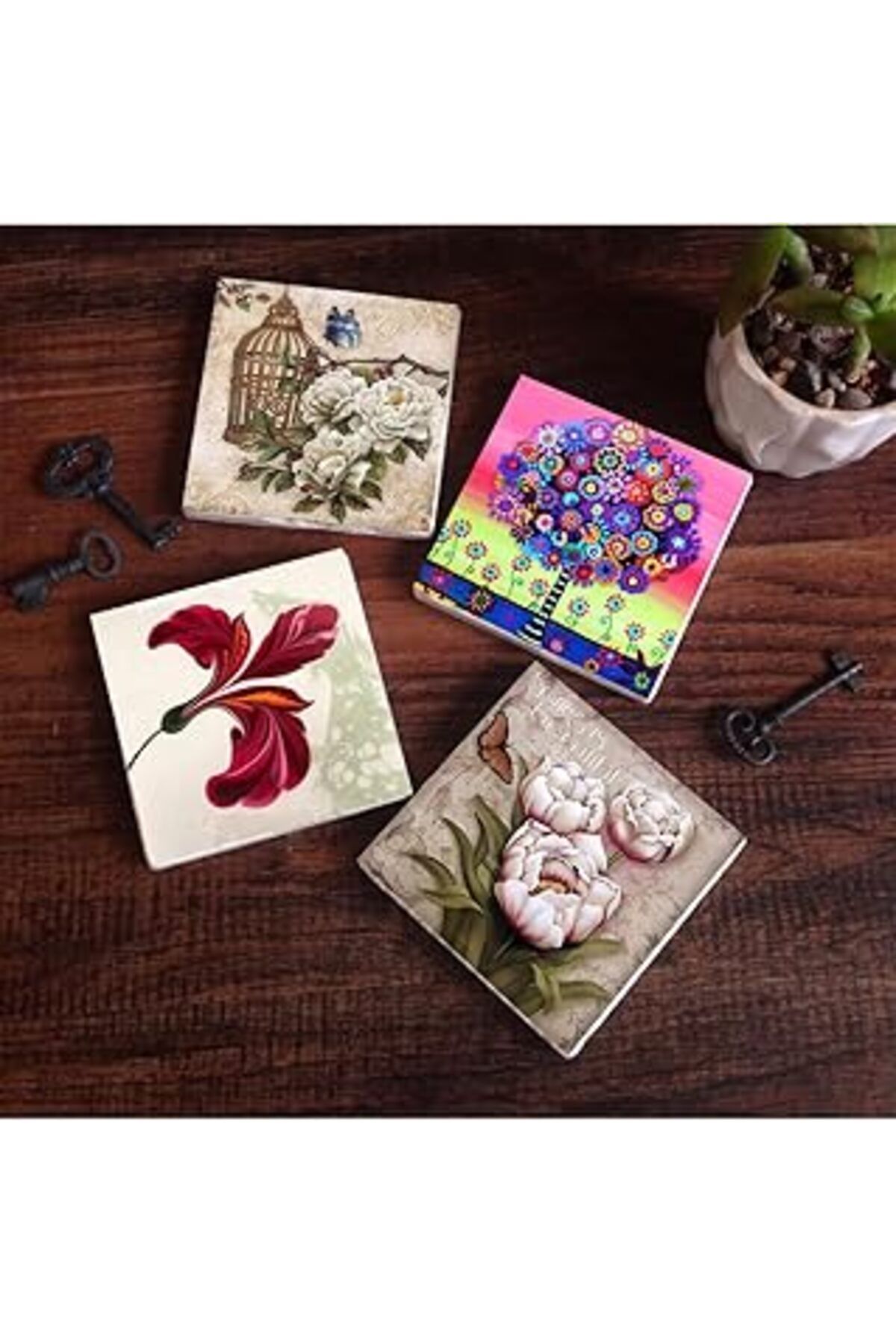 Mu Art Pinecone Ebru Sanatı Lale, Kelebekli Çiçek, Karla Gerard Hayat Ağacı Taş Bardak Altlığı Seti - 4 Pa