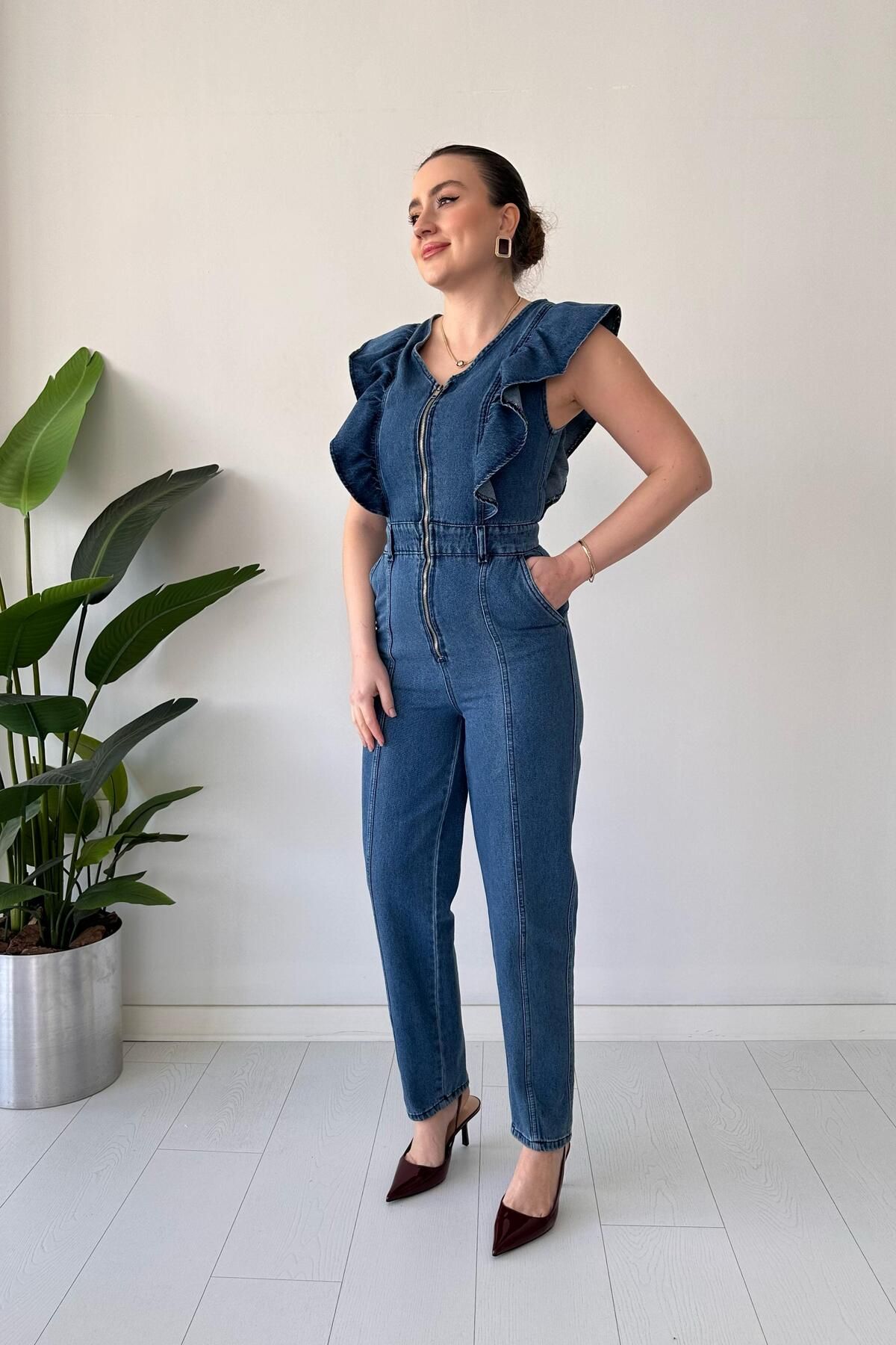 MaziButik Fırfırlı Denim Tulum Mavi