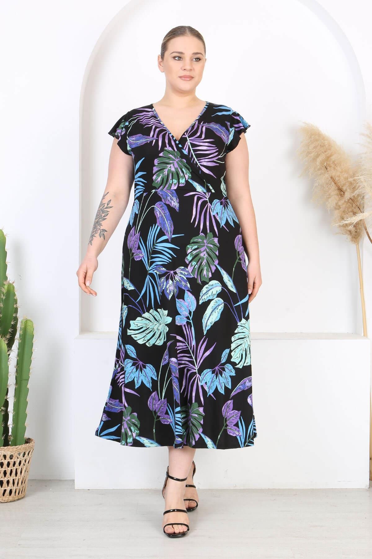 Madwilo-Rochie maxi de mărime mare, cu mâneci cu volan, cu model tropical, albastru violet 3