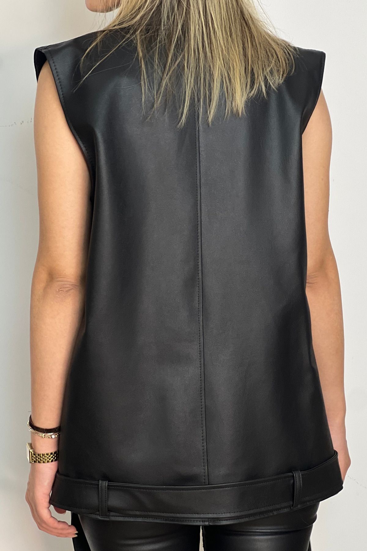Jaglion-Vestă oversize din piele neagră pentru femei 5