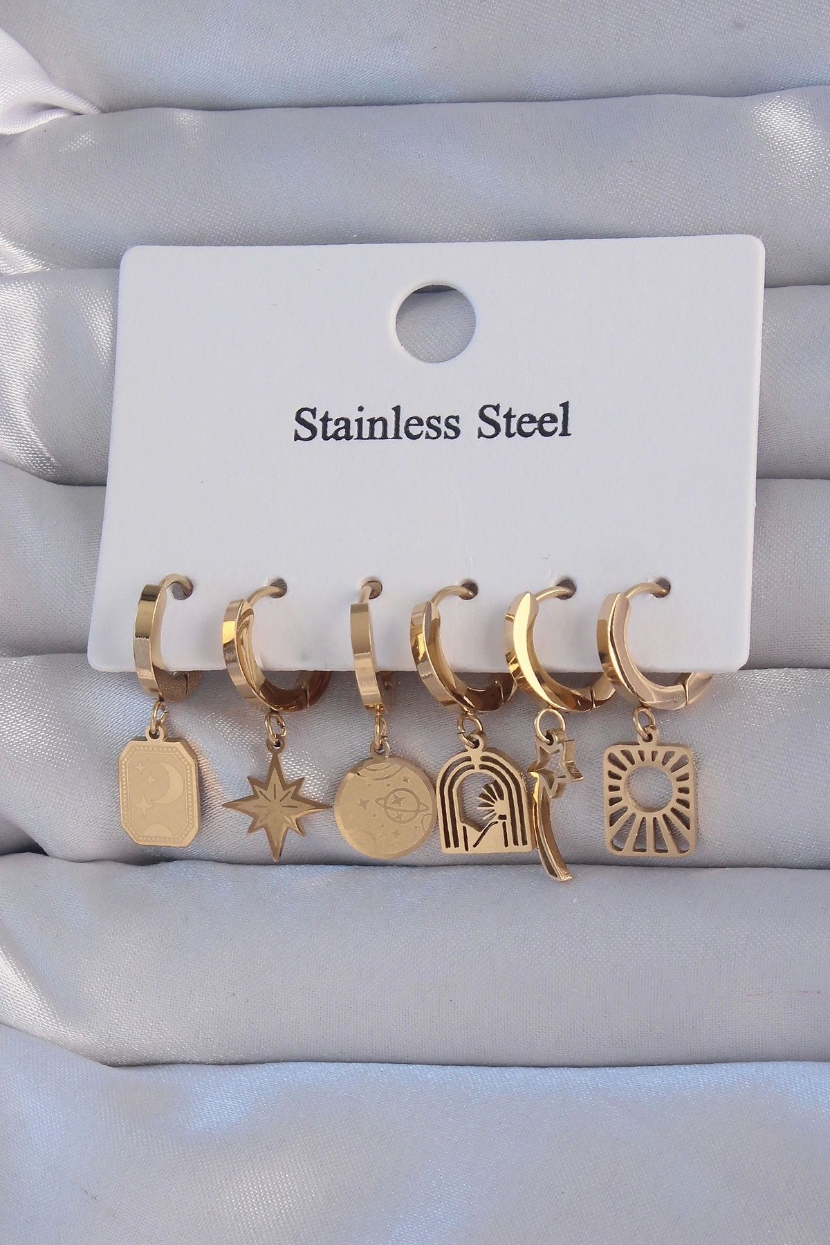 Clariss-316L Steel Gold Color Star Figured Tarot Model Hoop Earring Set 1