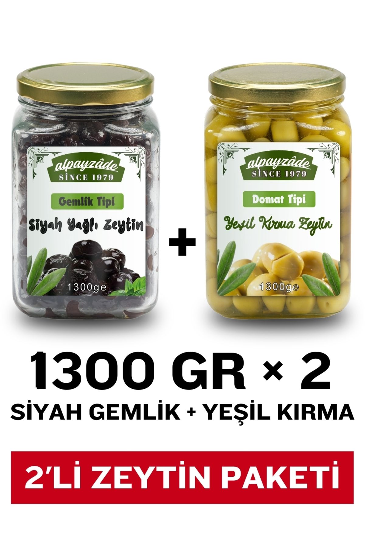 alpayzade since 1979 Siyah Gemlik Zeytin 1300 g + Yeşil Kırma Zeytin 1300 g