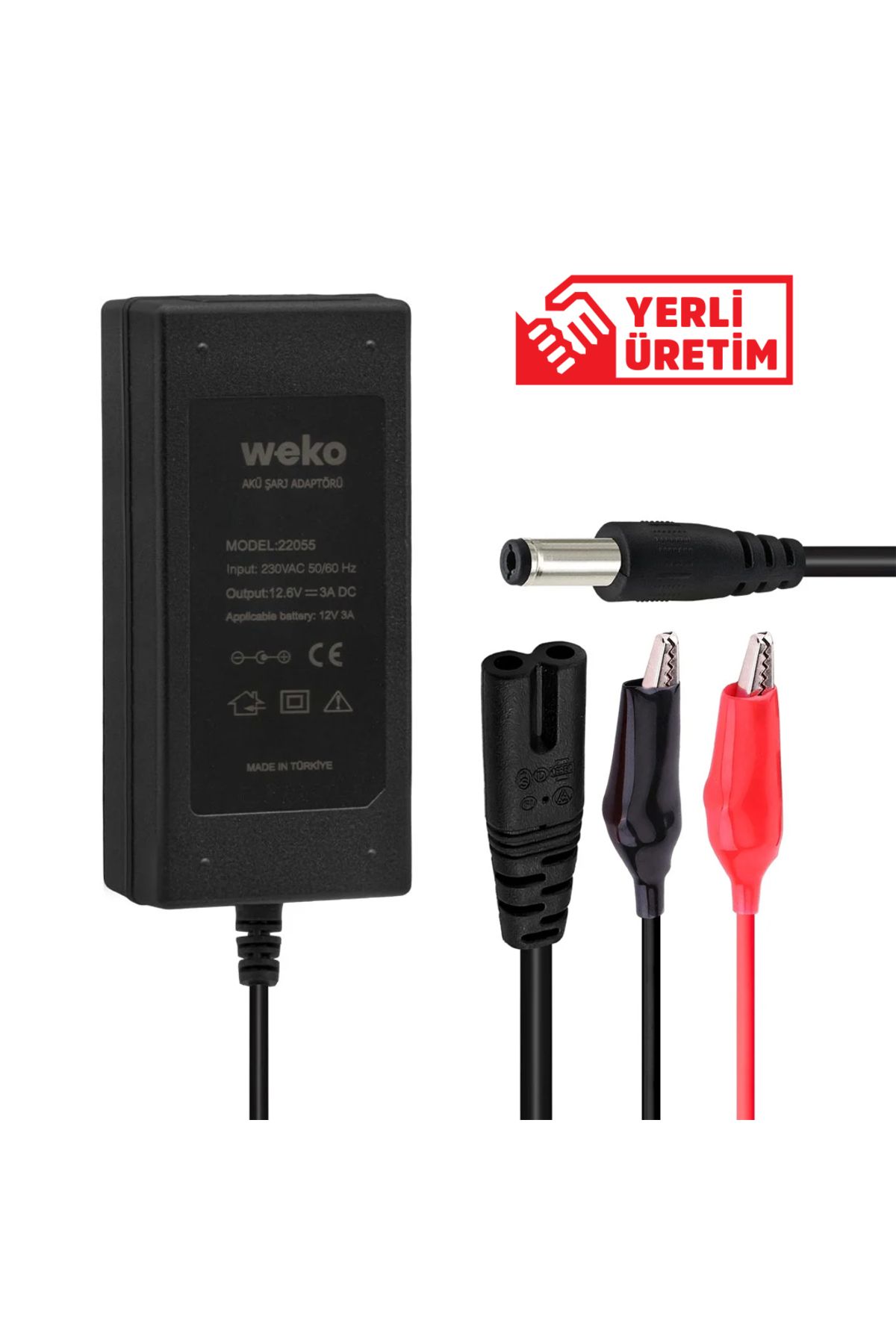 WEKO 12.6 VOLT - 3 AMPER 5.5*2.5 + KROKODİL UÇLU LEDLİ YERLİ ÜRETİM MASAÜSTÜ ŞARJ ADAPTÖRÜ Uyumlu