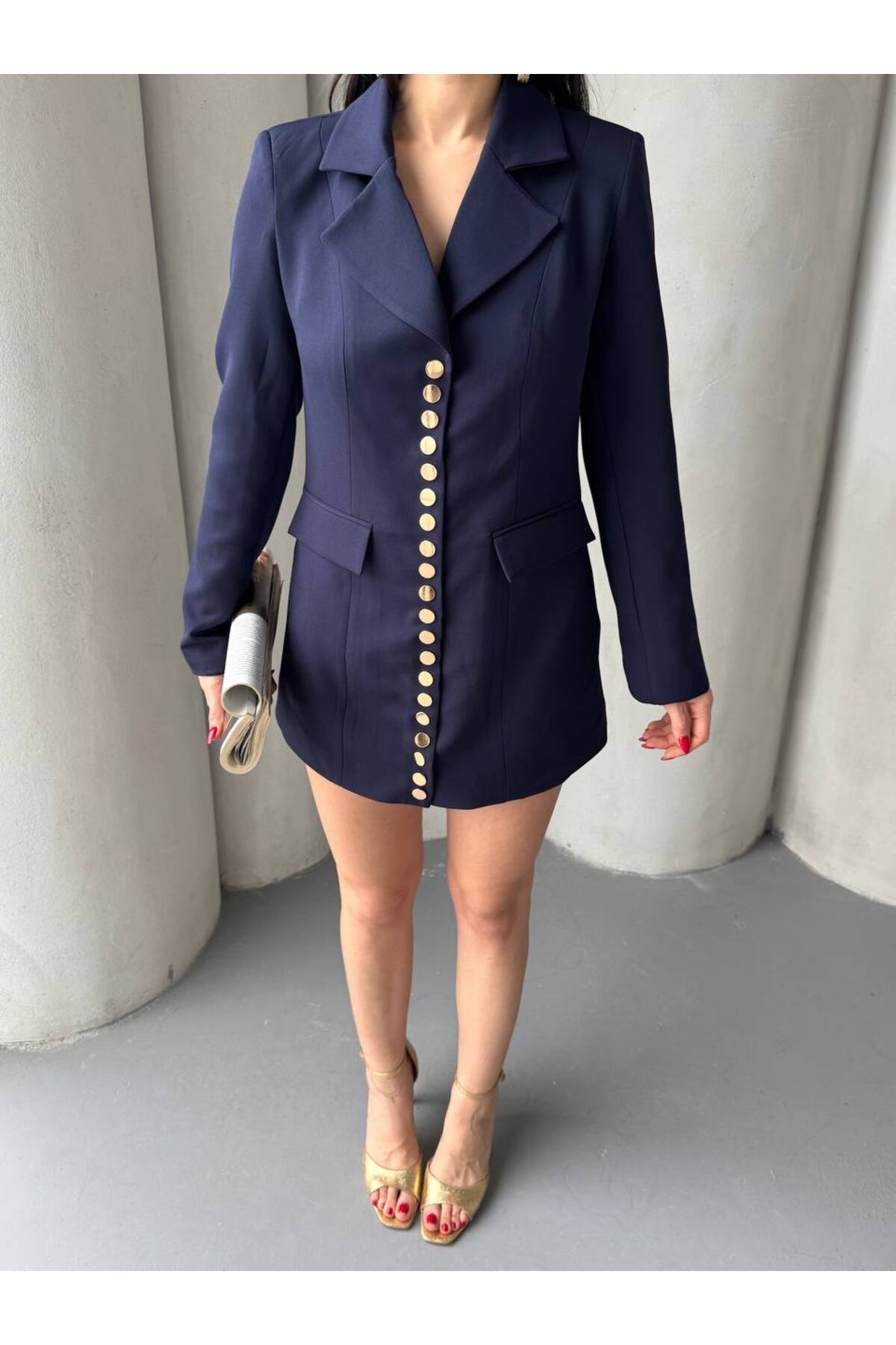 Trend Women's Gold Snap Detail Design Long Blazer Jacket - Görsel 7