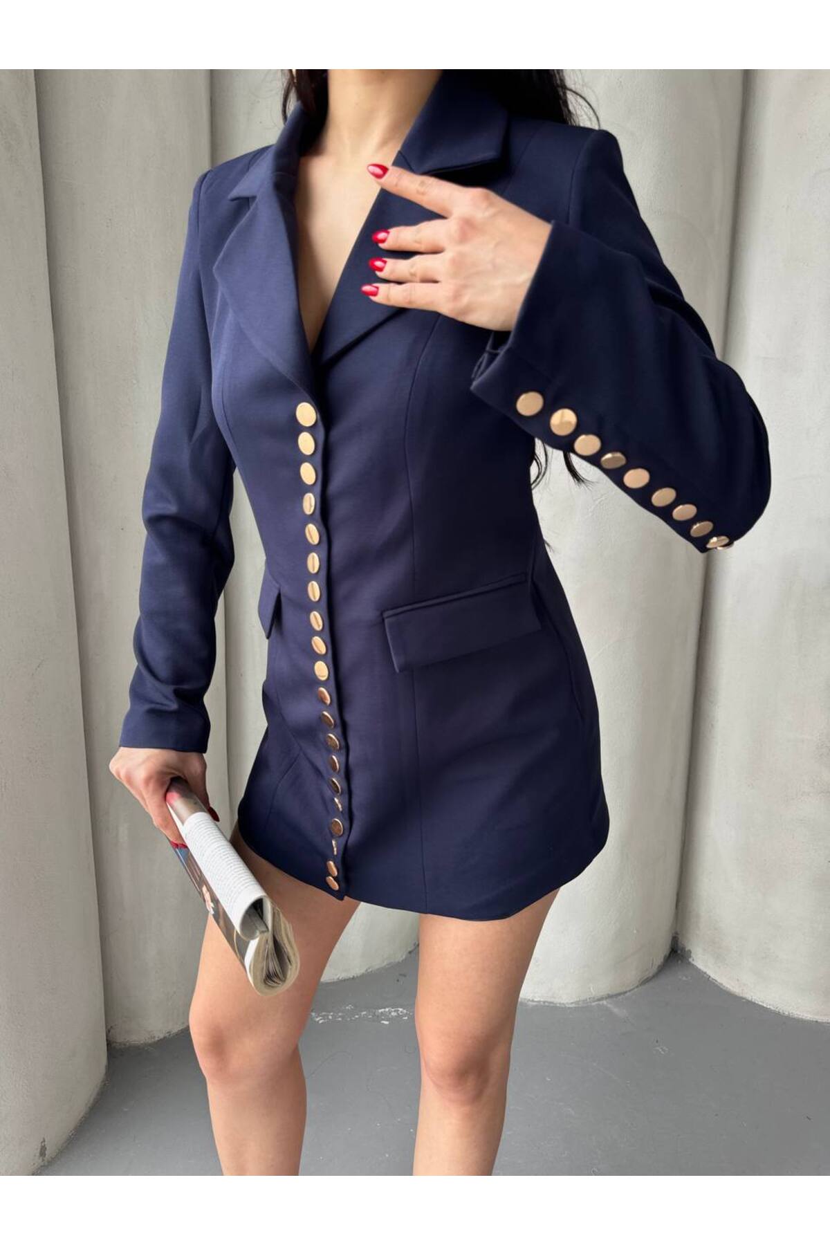 Trend Women's Gold Snap Detail Design Long Blazer Jacket - Görsel 8