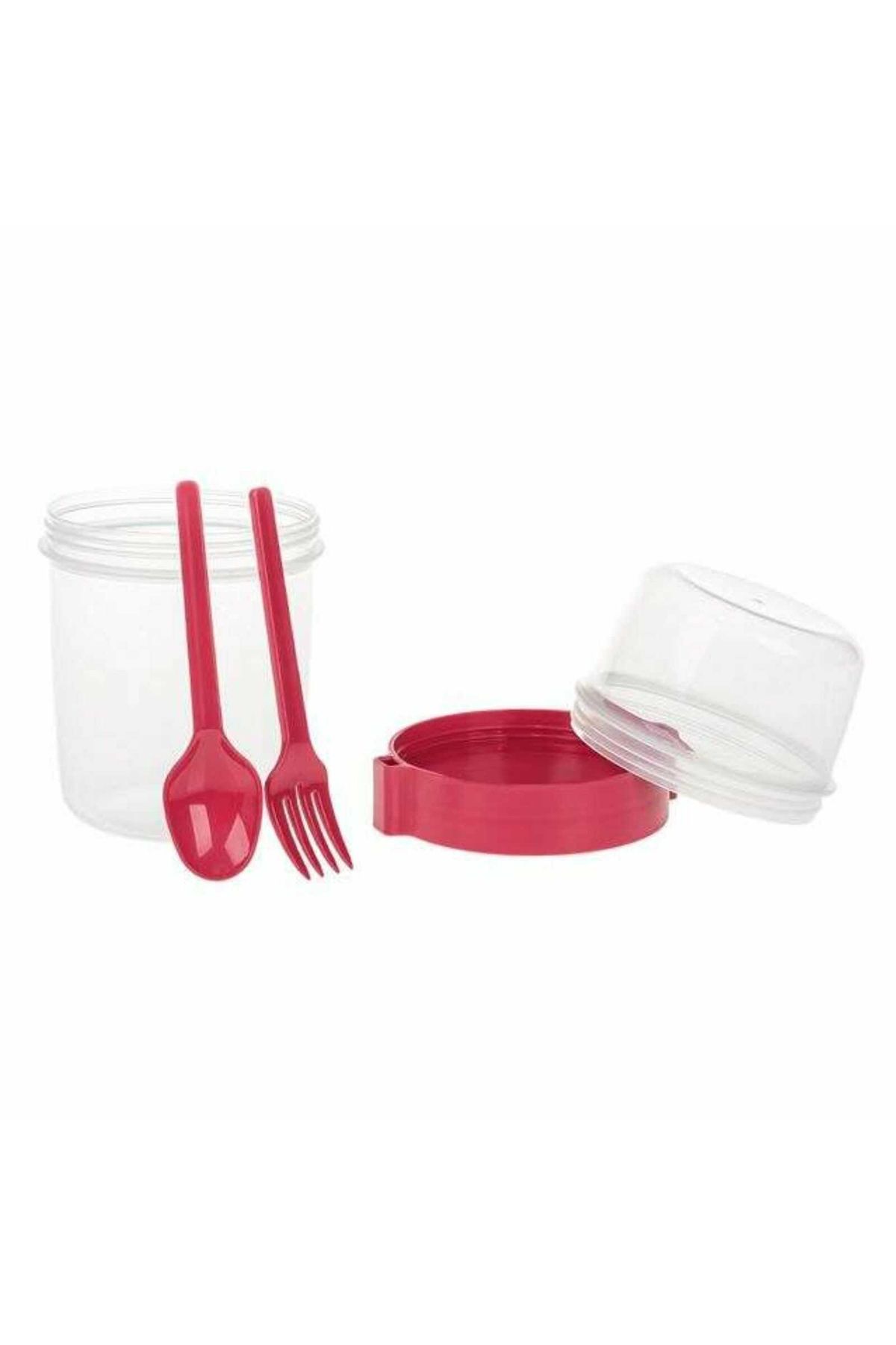 Micostore-Yogurt Cup With Cereal Container, Fork And Spoon, 600 Ml, Transparent Casserole, Red 2
