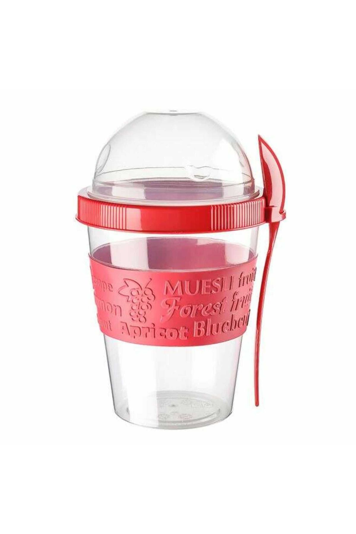 Micostore-Yogurt Cup With Cereal Container And Spoon, 600 Ml, Transparent Container, Red, Take Away 1