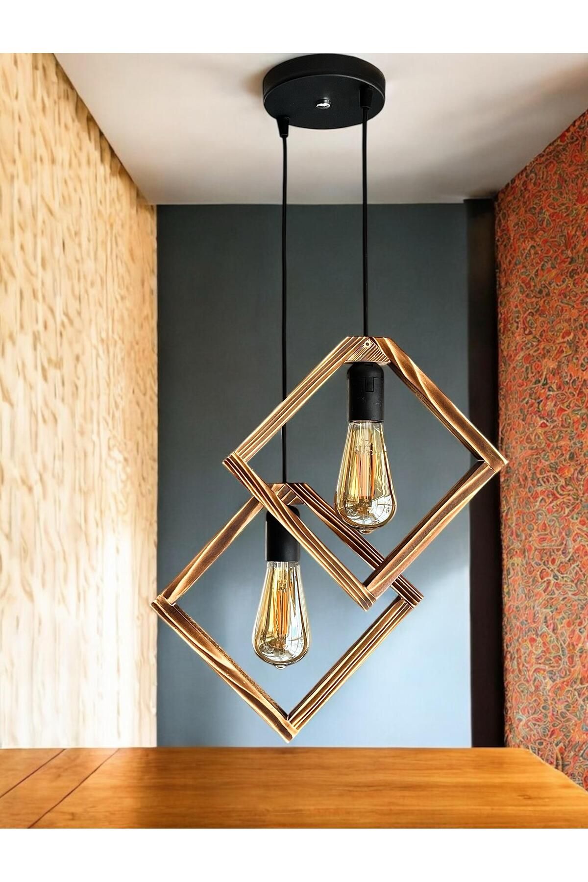 ONUR AVİZE-Decorative Handmade Rustic and Modern Style Wooden Pendant Lamp 2-Piece Chandelier 3