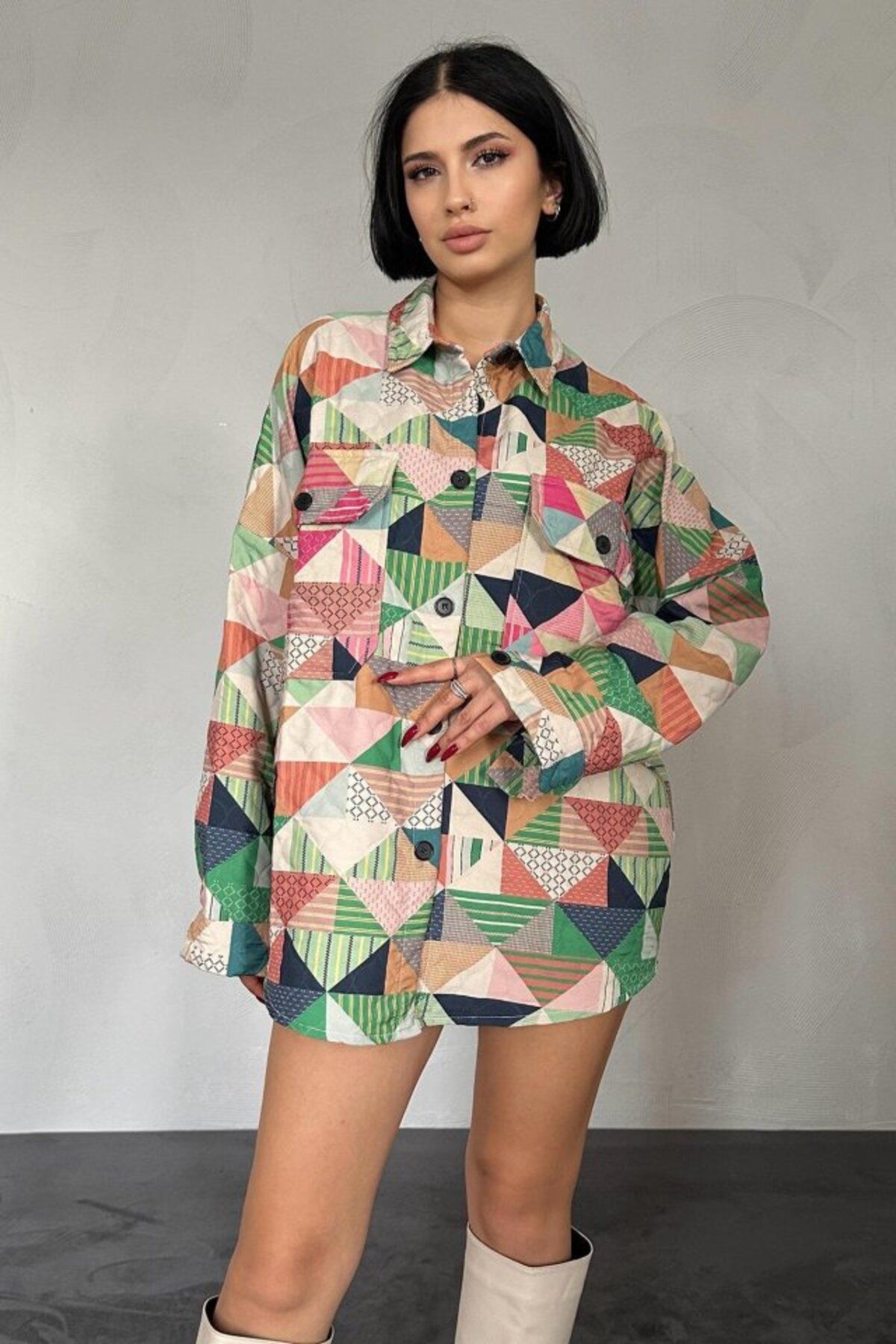 fh fashionhere Yeşil Desenli Kapitone Cepli Gömlek