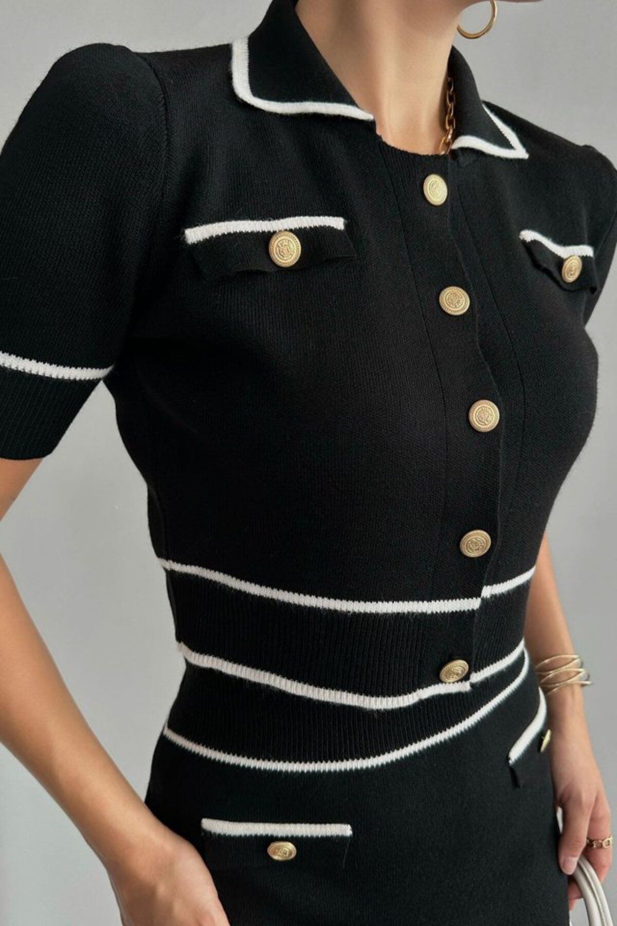 MRA Fashion Kısa Triko Etekli Takım - Siyah-Krem