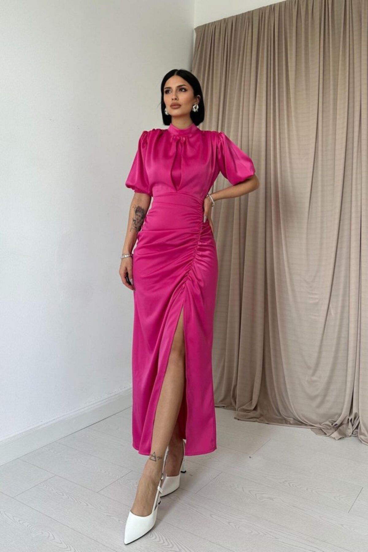 fh fashionhere Fuşya Büzgülü Saten Elbise