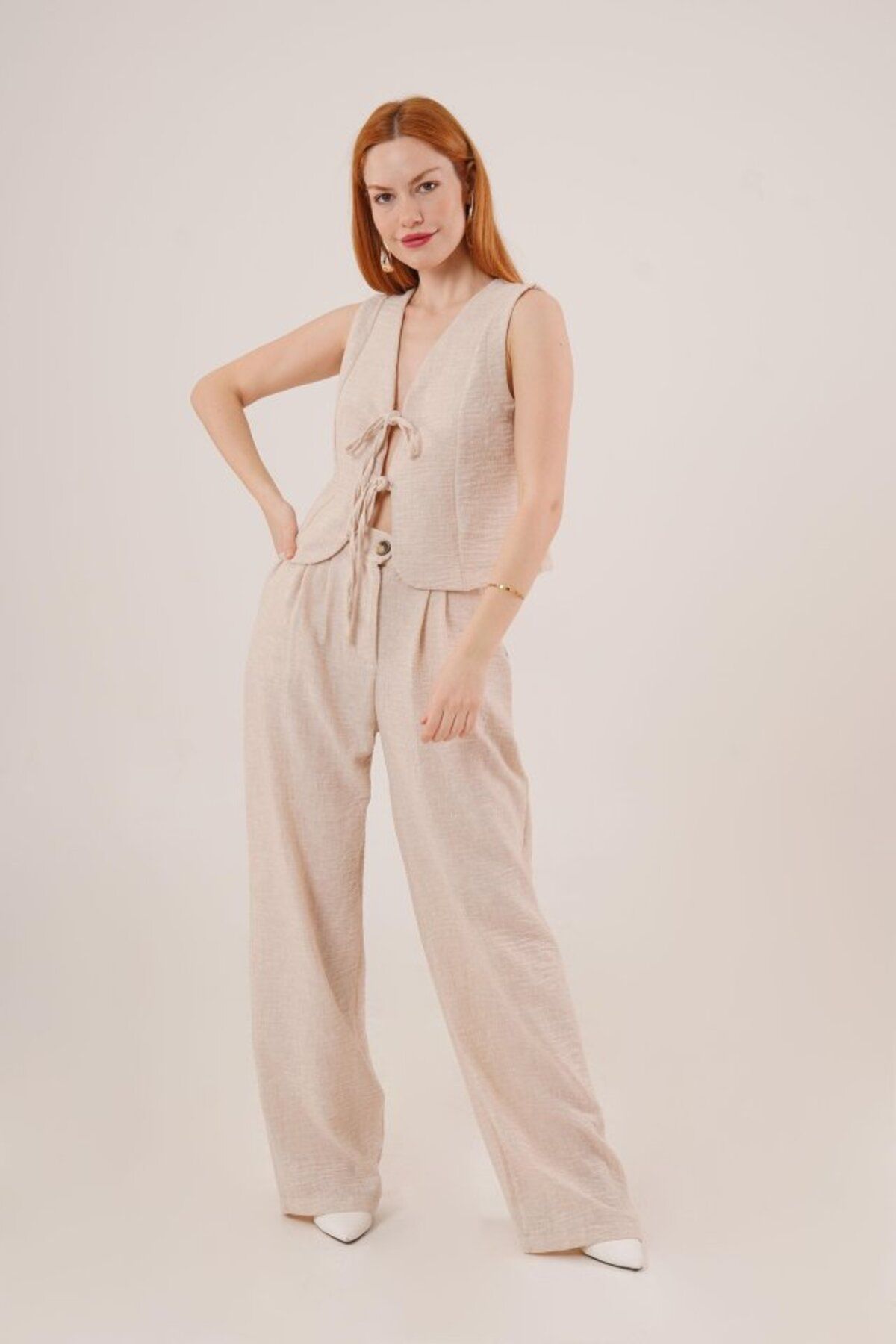 MRA Fashion Ön Bağlama Detaylı Yelek Ve Pantolon Taş İkili Takım