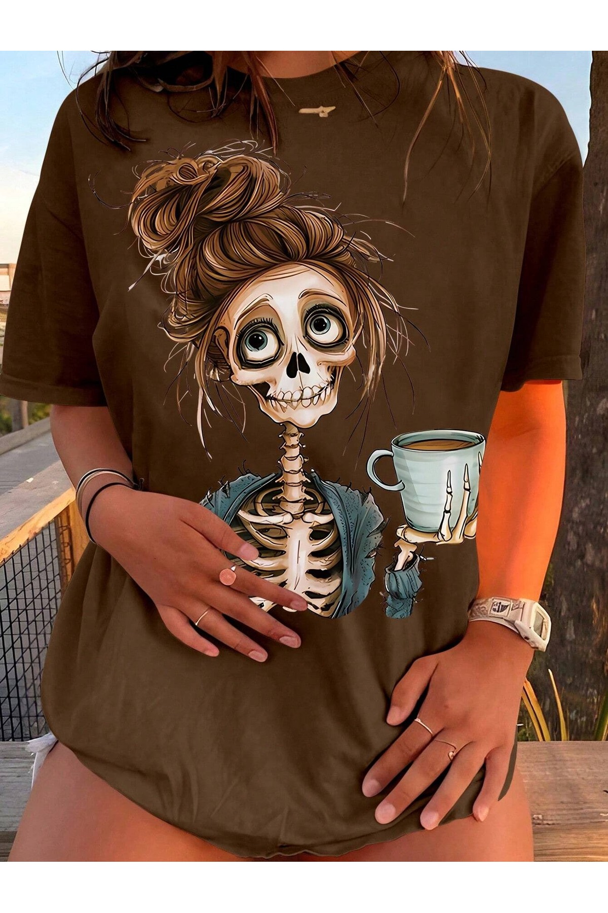 WOMEN'S Skeleton Coffee Girl Oversize T-shirt