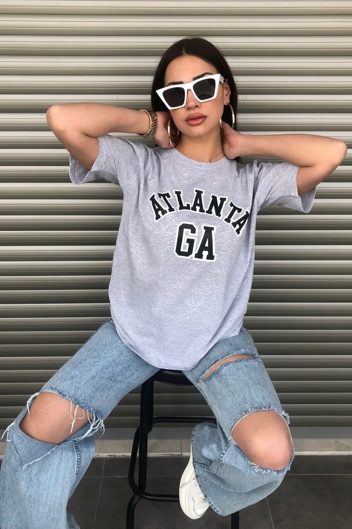 ModaSphere Kadın Gri Atlanta Baskılı Oversize T-shirt