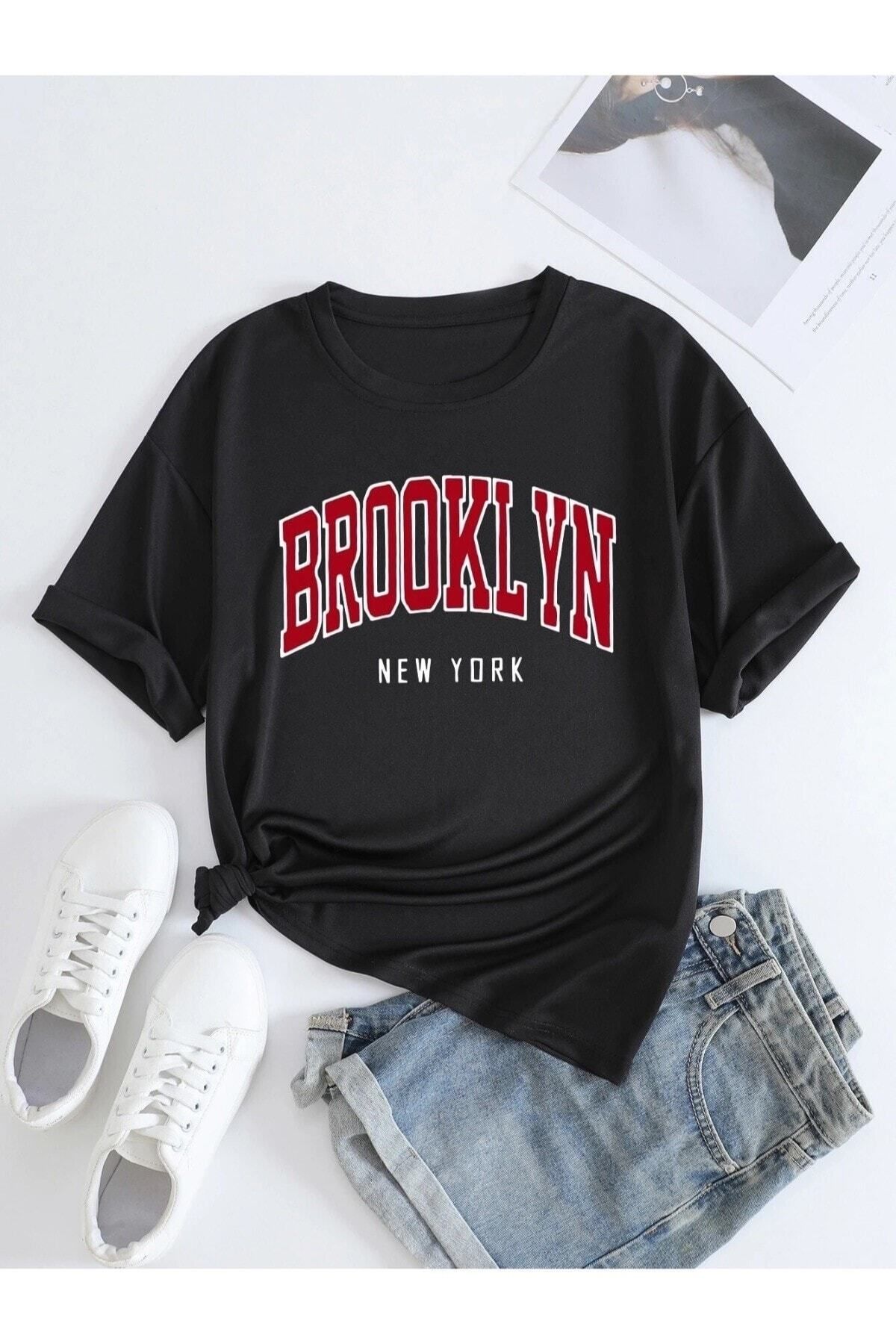Tarzsokak Büyük Beden Siyah Brooklyn New York Kırmızı Baskılı Oversize Unisex Pamuklu