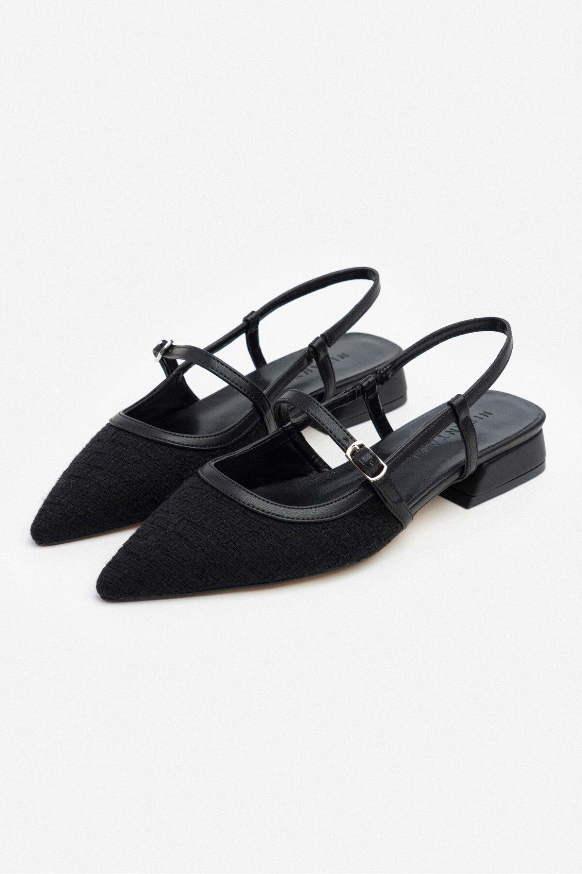 NİŞANTAŞI SHOES-X-Harmony Black Kilim Belt Detail Pointed Toe Short Heeled Women's Ballerinas 6