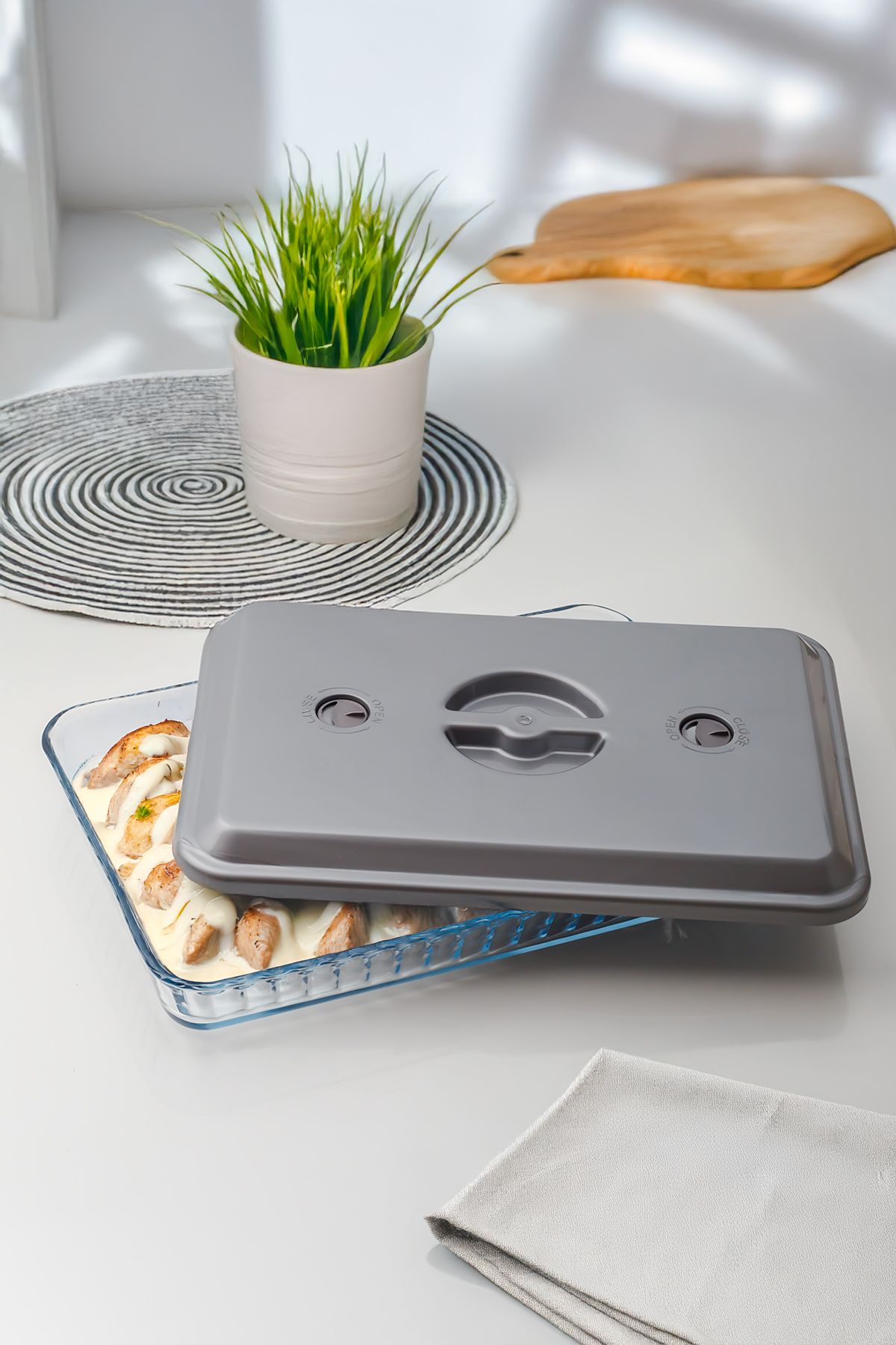 Bambus Home-Rectangular Round Double Pyrex Lid Set with Plastic Steam Channel 3