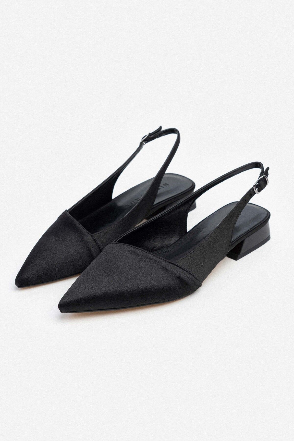 NİŞANTAŞI SHOES-Viktor Black Satin Ankle Belt Detailed Pointed Toe Short Heeled Women's Ballerinas 6