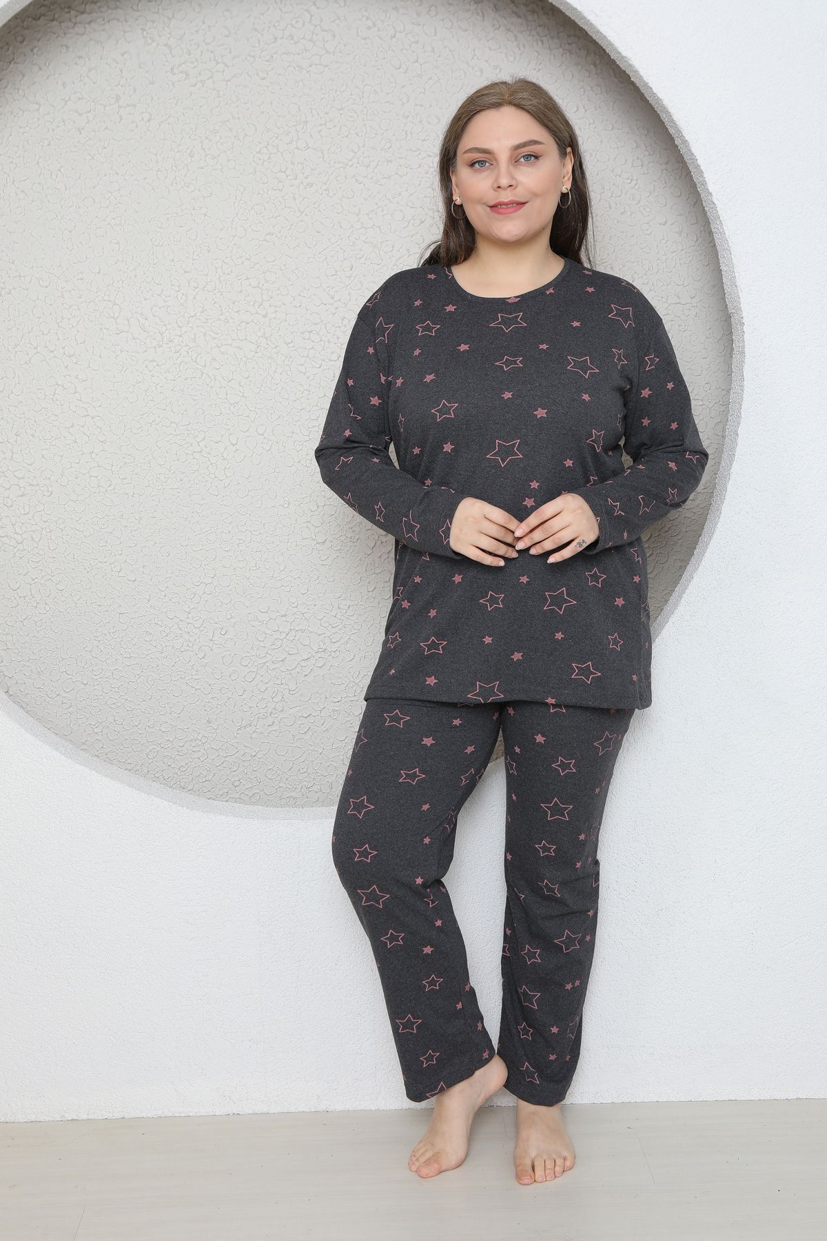 FAMES PİJAMA-Plus Size Star Heart Patterned Pajama Set 3