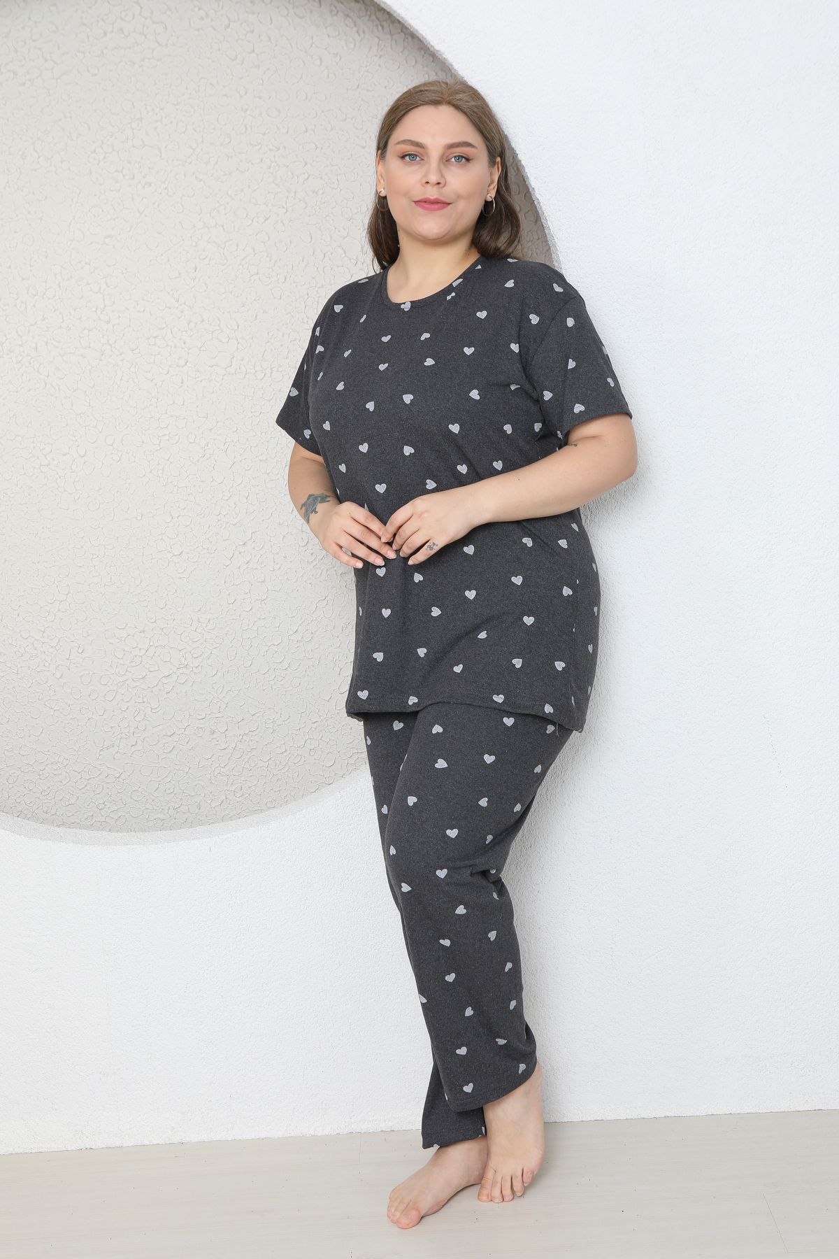 FAMES PİJAMA-Plus Size Gray Small Heart Patterned Pajama Set 5