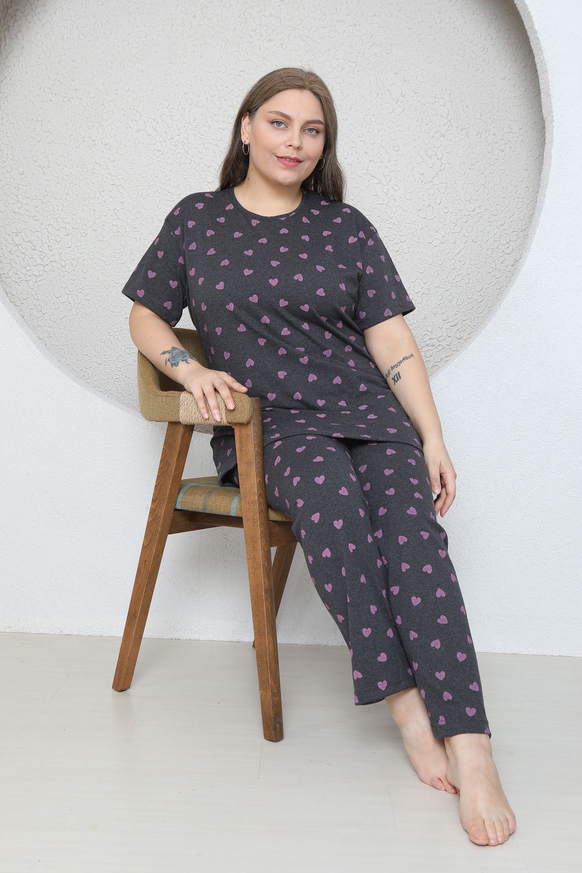FAMES PİJAMA-Plus Size Pink Small Heart Patterned Pajama Set 4