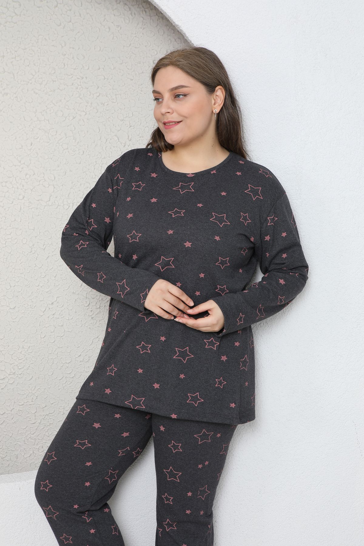 FAMES PİJAMA-Plus Size Star Heart Patterned Pajama Set 7