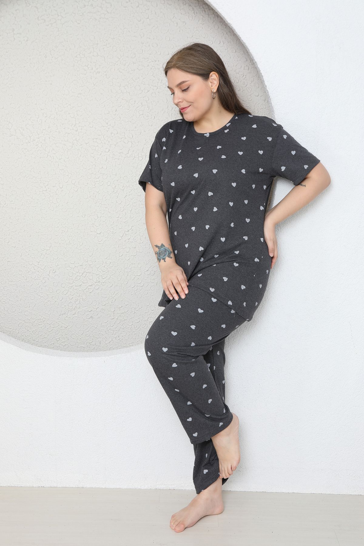 FAMES PİJAMA-Plus Size Gray Small Heart Patterned Pajama Set 4