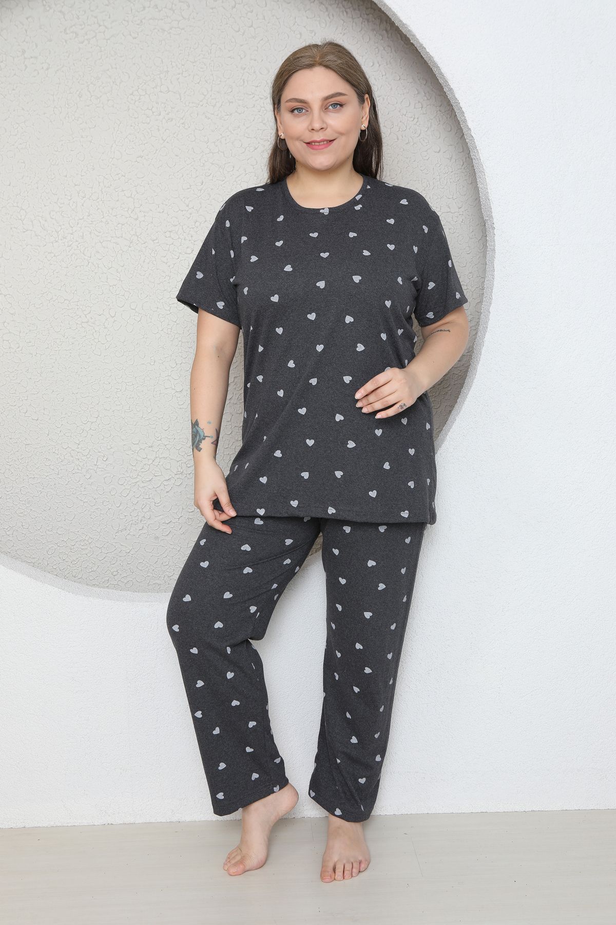 FAMES PİJAMA-Plus Size Gray Small Heart Patterned Pajama Set 8
