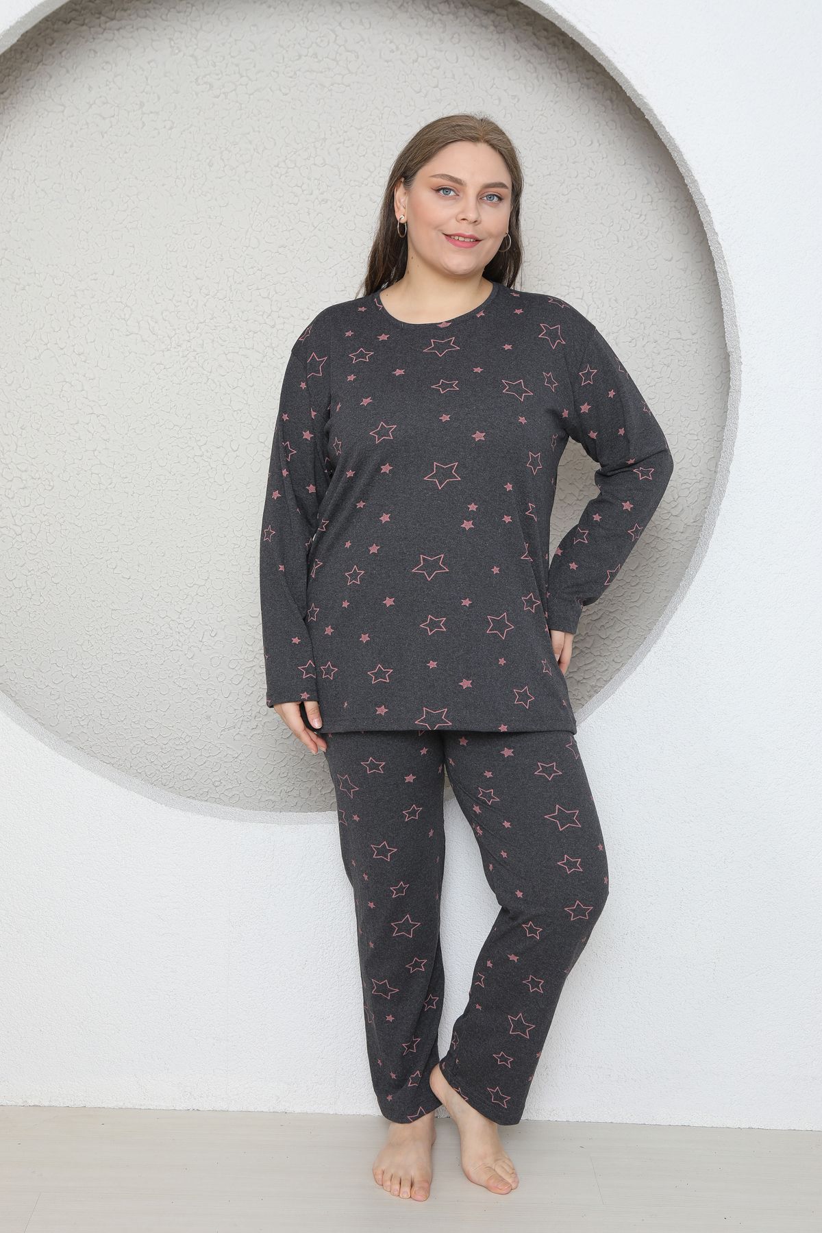 FAMES PİJAMA-Plus Size Star Heart Patterned Pajama Set 5