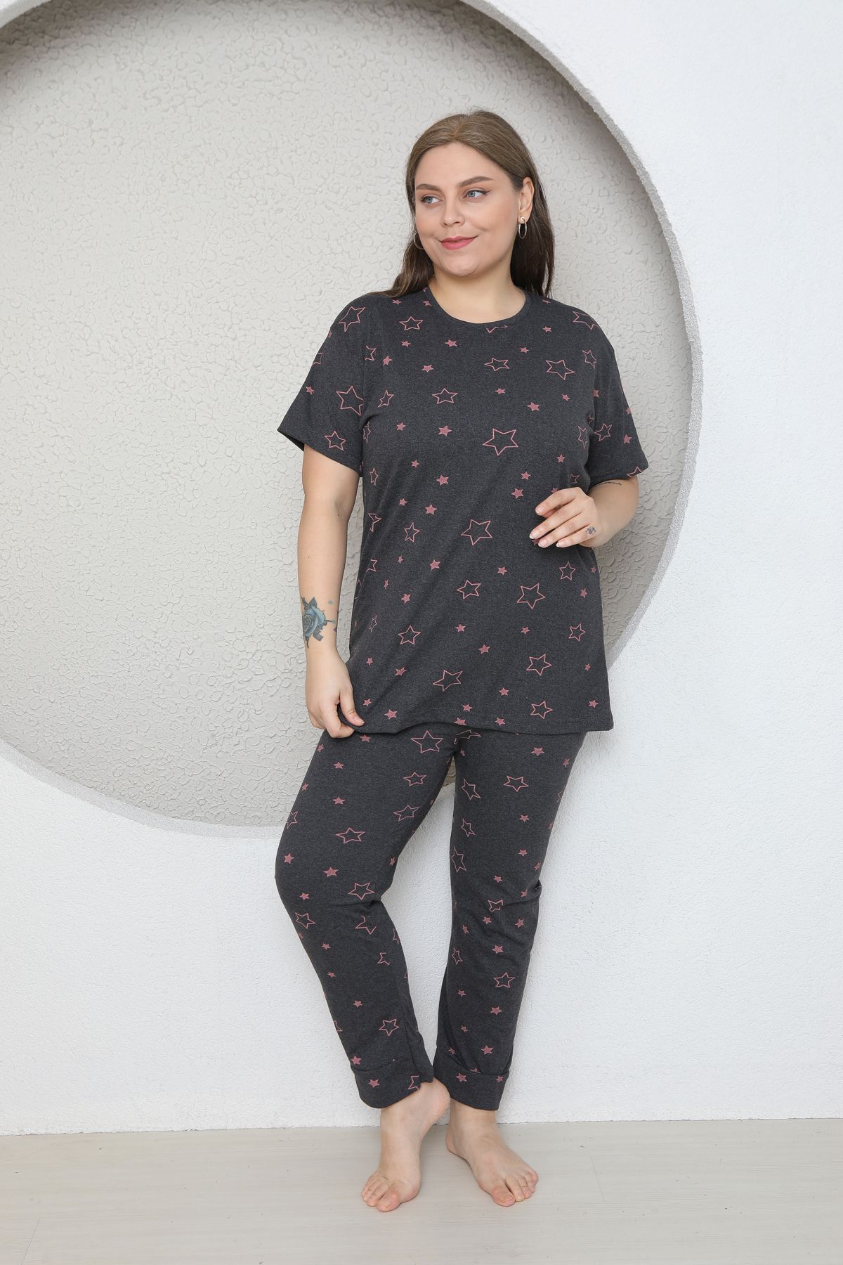 FAMES PİJAMA-Plus Size Star Heart Patterned Pajama Set 6