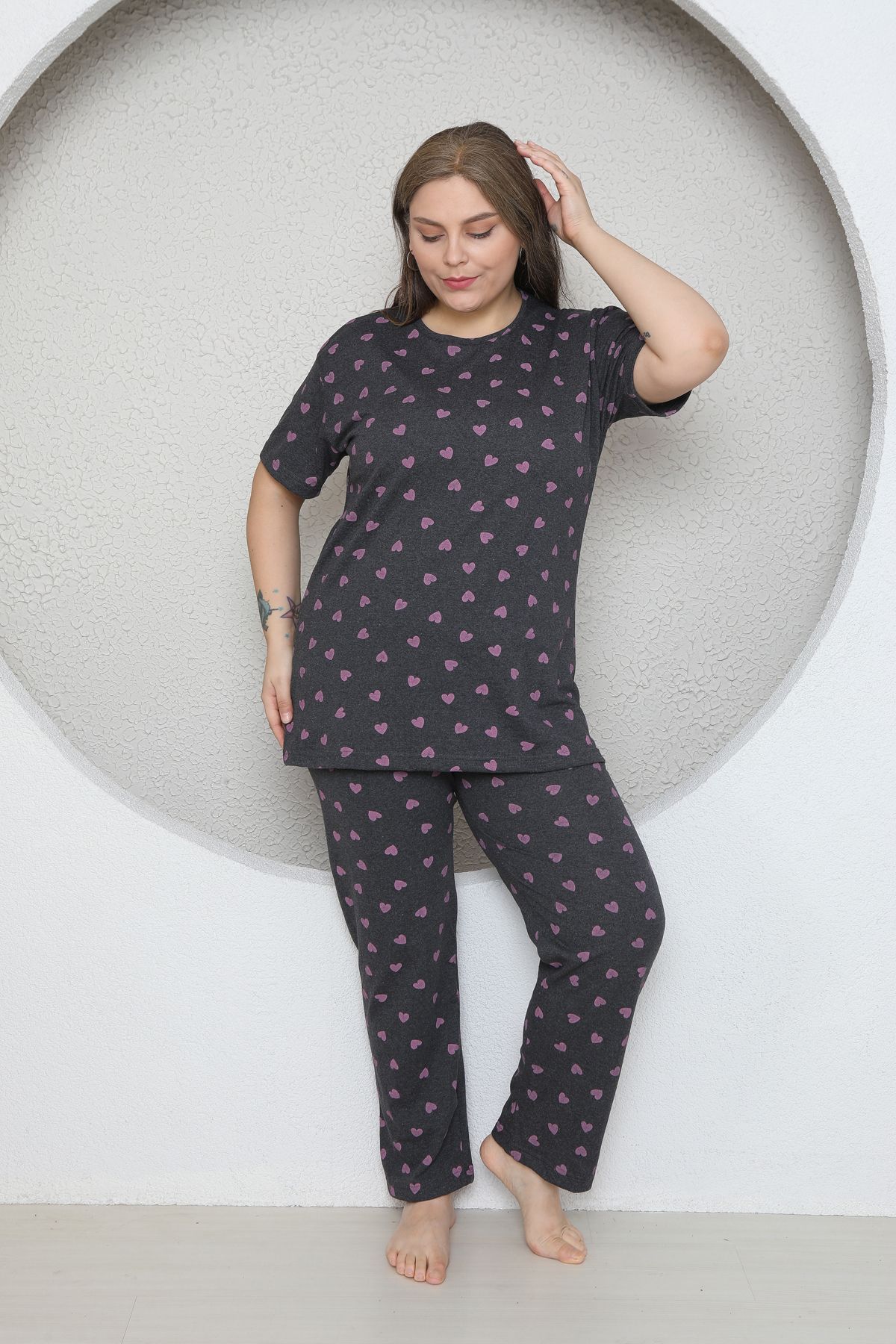 FAMES PİJAMA-Plus Size Pink Small Heart Patterned Pajama Set 6