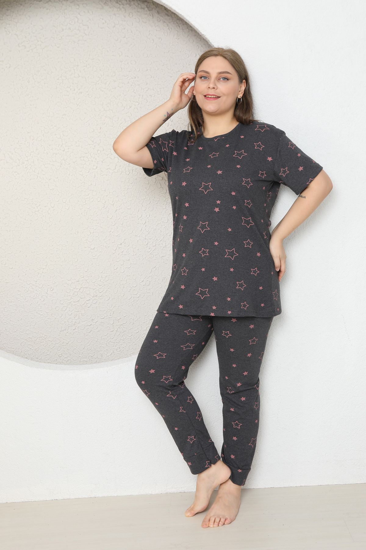 FAMES PİJAMA-Plus Size Star Heart Patterned Pajama Set 4