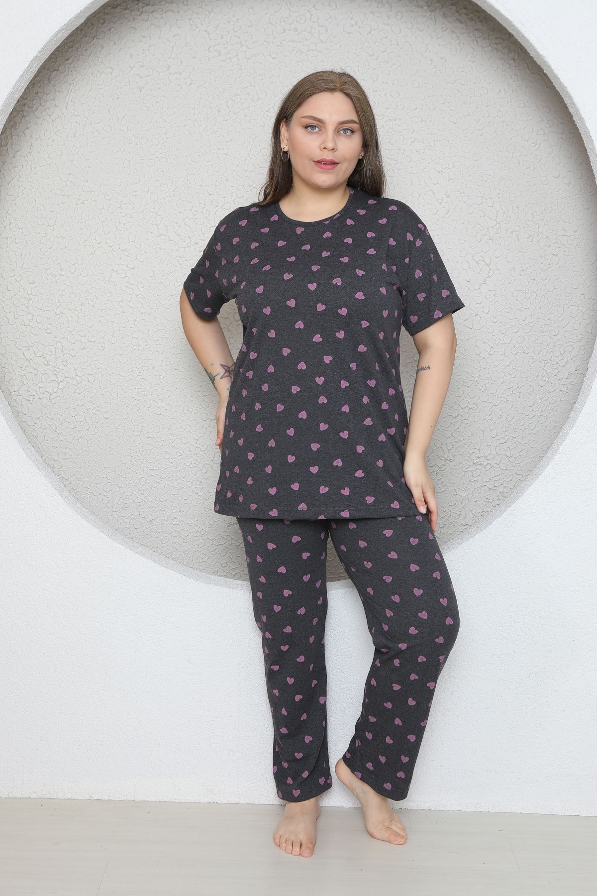 FAMES PİJAMA-Plus Size Pink Small Heart Patterned Pajama Set 5