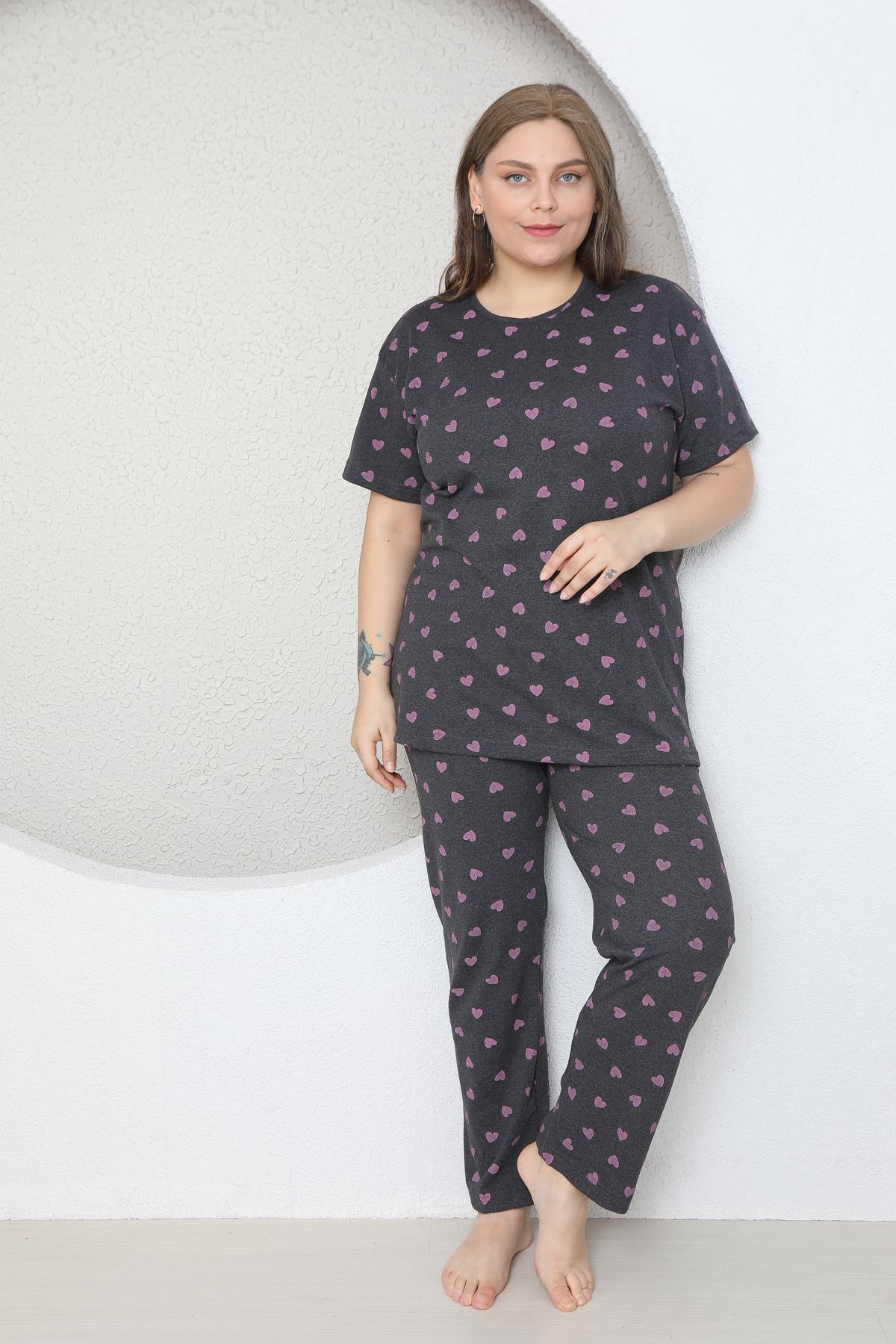 FAMES PİJAMA-Plus Size Pink Small Heart Patterned Pajama Set 3