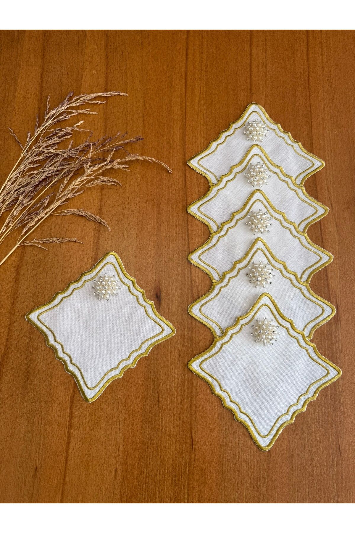 Smiling Home 6 Bucăți Lenjerie De Culoare Aurie, Brodate În Două Rânduri, Pătrate În Zig-zag, Șervețele De Prezentare Pentru Cocktail Cu Perle - One