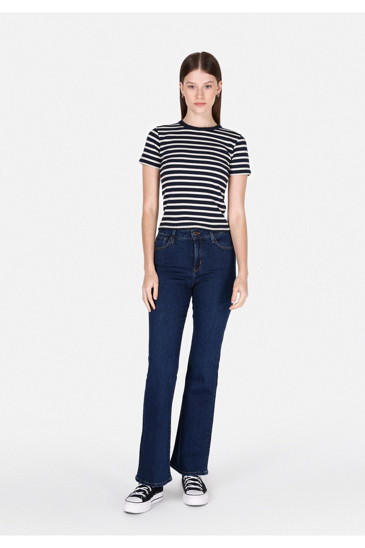 Colin's-Slim Fit Round Neck Striped Women's Navy Blue Short Sleeve T-Shirt 3