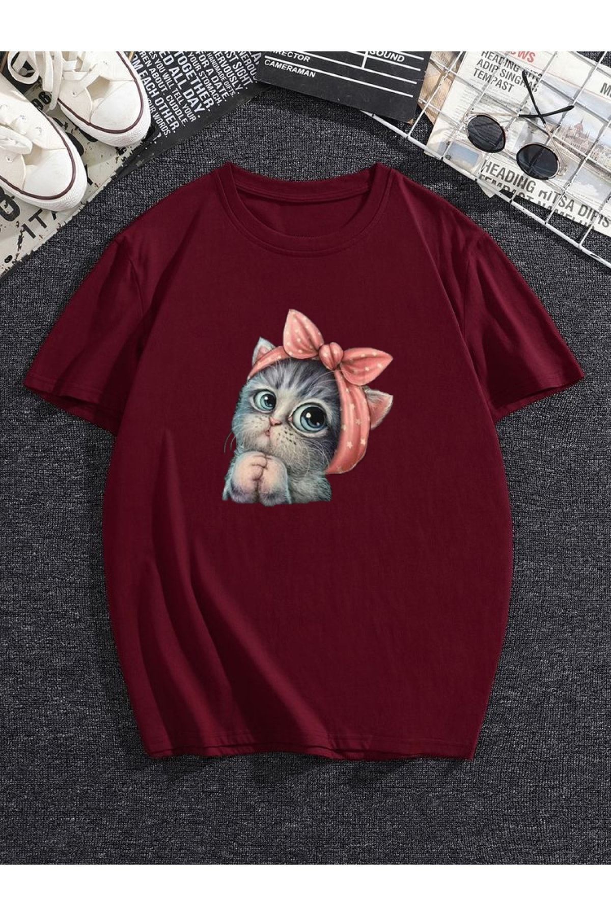 ModaSphere Griland Oversize Unisex Bordo Rengi Sevimli Minik Kedi Baskılı T-shirt