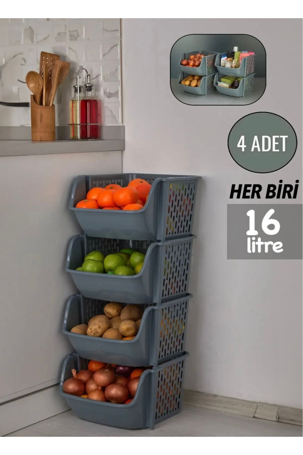 CEZVE HOME 4 Katlı Patates & Soğanlık, Katlı Sebzelik, Büyük Düzenleyici, Oyuncak Sepeti, Banyo Organizeri GRİ